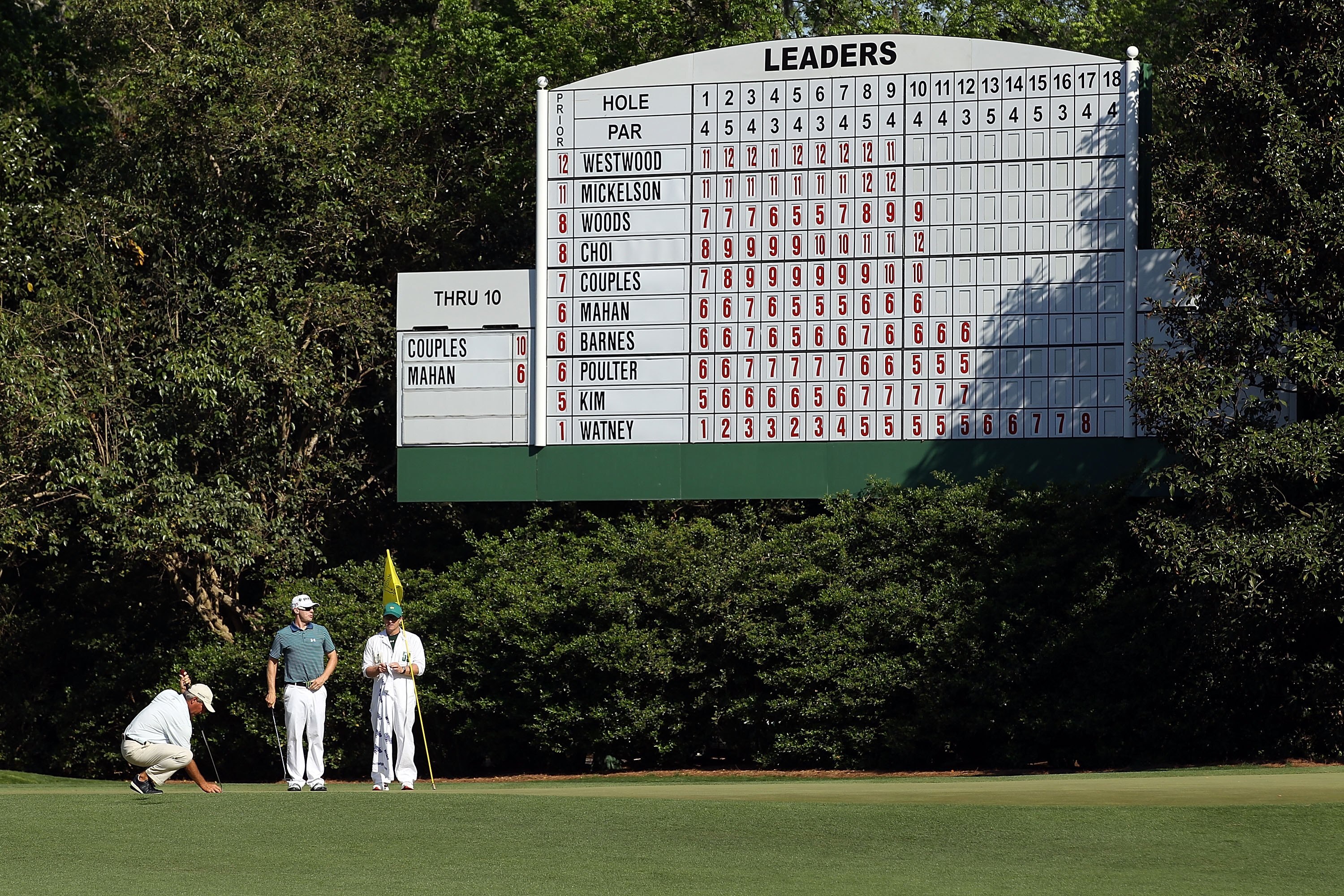 AUGUSTA, GA - APRIL 11:  Fred Couples and Hunter Mahan during the final round of the 2010 Masters Tournament at Augusta National Golf Club on April 11, 2010 in Augusta, Georgia.  (Photo by Streeter Lecka/Getty Images for Golf Week)