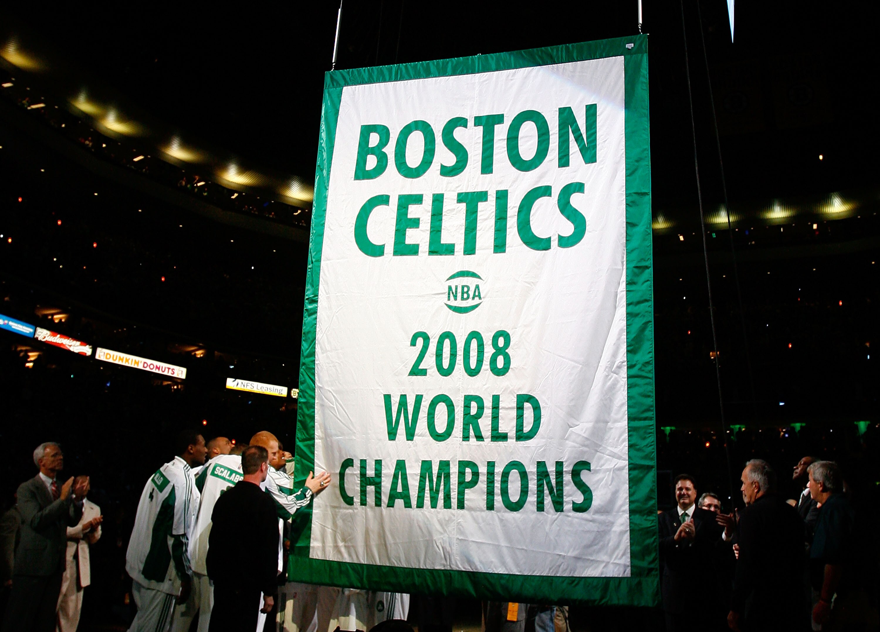 BOSTON, MA - OCTOBER 28: The Boston Celtics raise 2008 World Championship banner during the 2008 NBA World Championship ceremony before a game against the Cleveland Cavaliers at the TD Banknorth Garden on October 28, 2008 in Boston, Massachusetts. NOTE TO