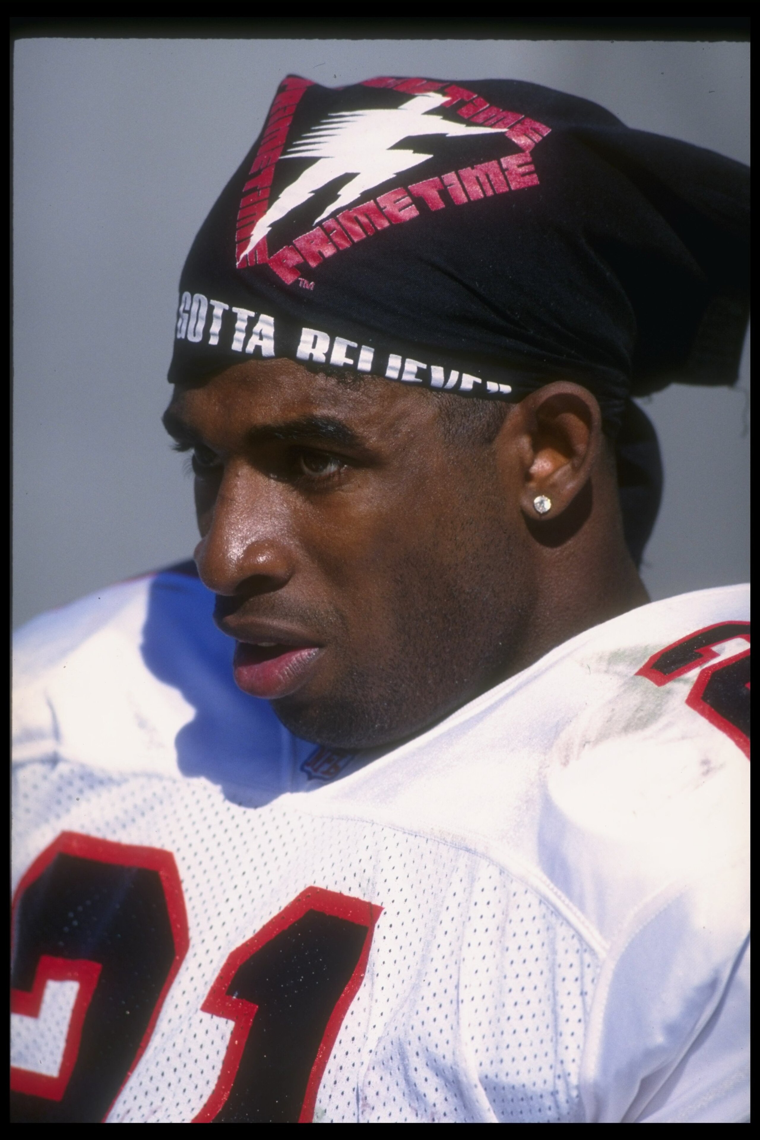 27 Sep 1992:  Defensive back Deion Sanders of the Atlanta Falcons looks on during a game against the Chicago Bears at Soldier Field in Chicago, Illinois.  The Bears won the game, 41-31. Mandatory Credit: Jonathan Daniel  /Allsport