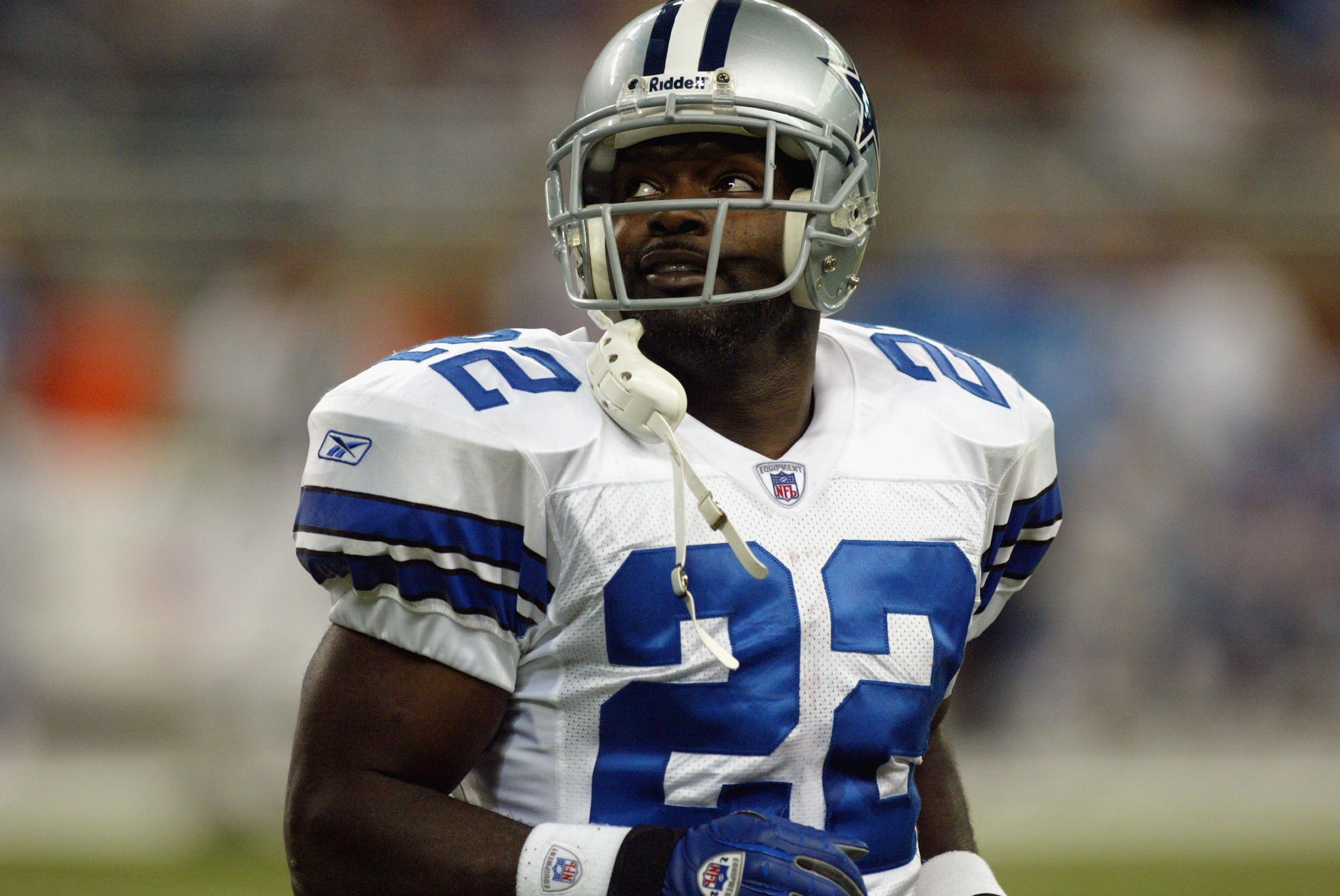 DETROIT - NOVEMBER 3:  Running back Emmitt Smith #22 of the Dallas Cowboys looks on against the Detroit Lions at Ford Field on November 3, 2002 in Detroit, Michigan. The Lions won 9-7.  (Photo by Danny Moloshok/Getty Images)