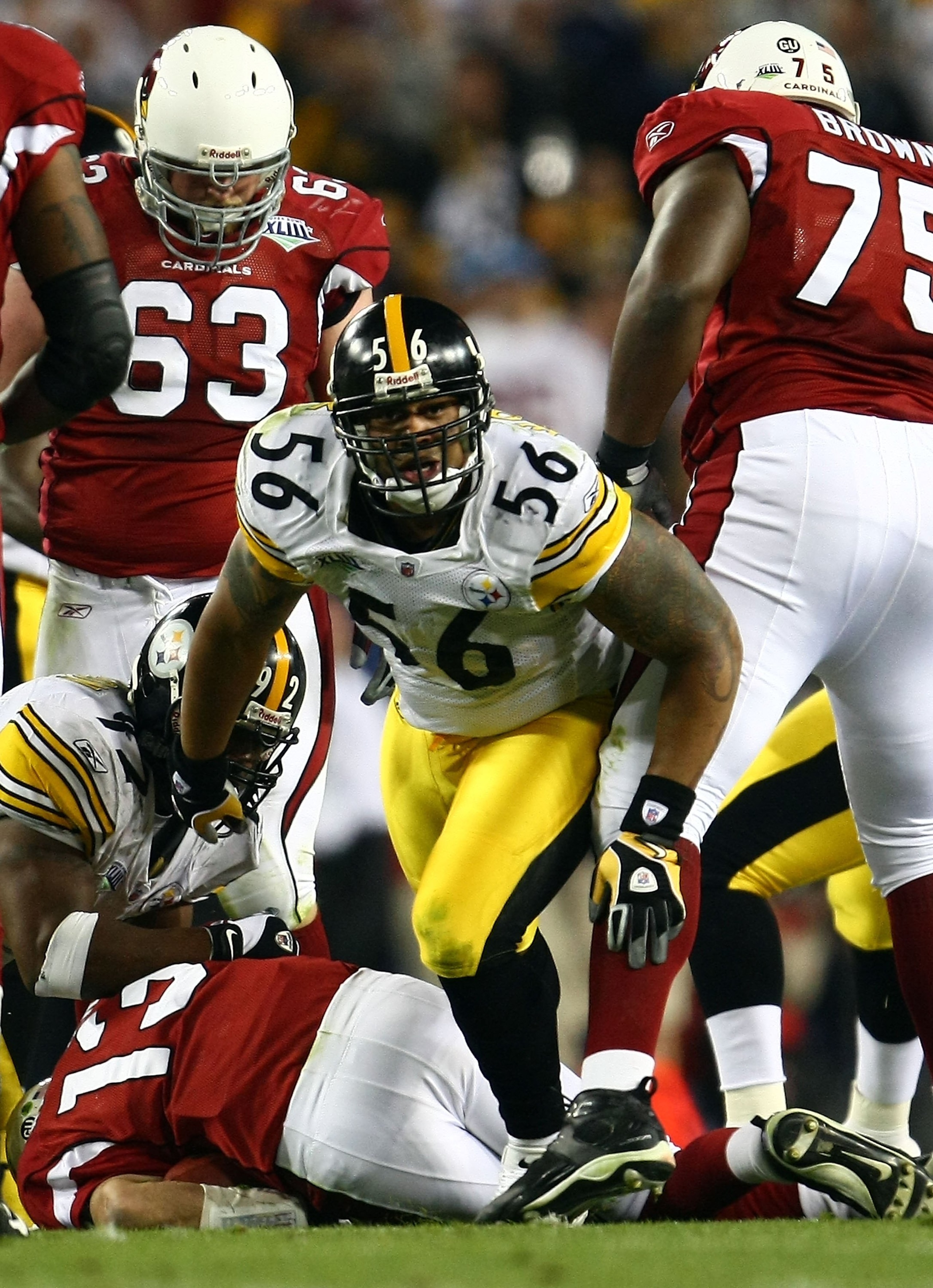 TAMPA, FL - FEBRUARY 01:  LaMarr Woodley #56 of the Pittsburgh Steelers reacts after he sacked quarterback Kurt Warner #13 of the Arizona Cardinals during Super Bowl XLIII on February 1, 2009 at Raymond James Stadium in Tampa, Florida.  (Photo by Chris Mc