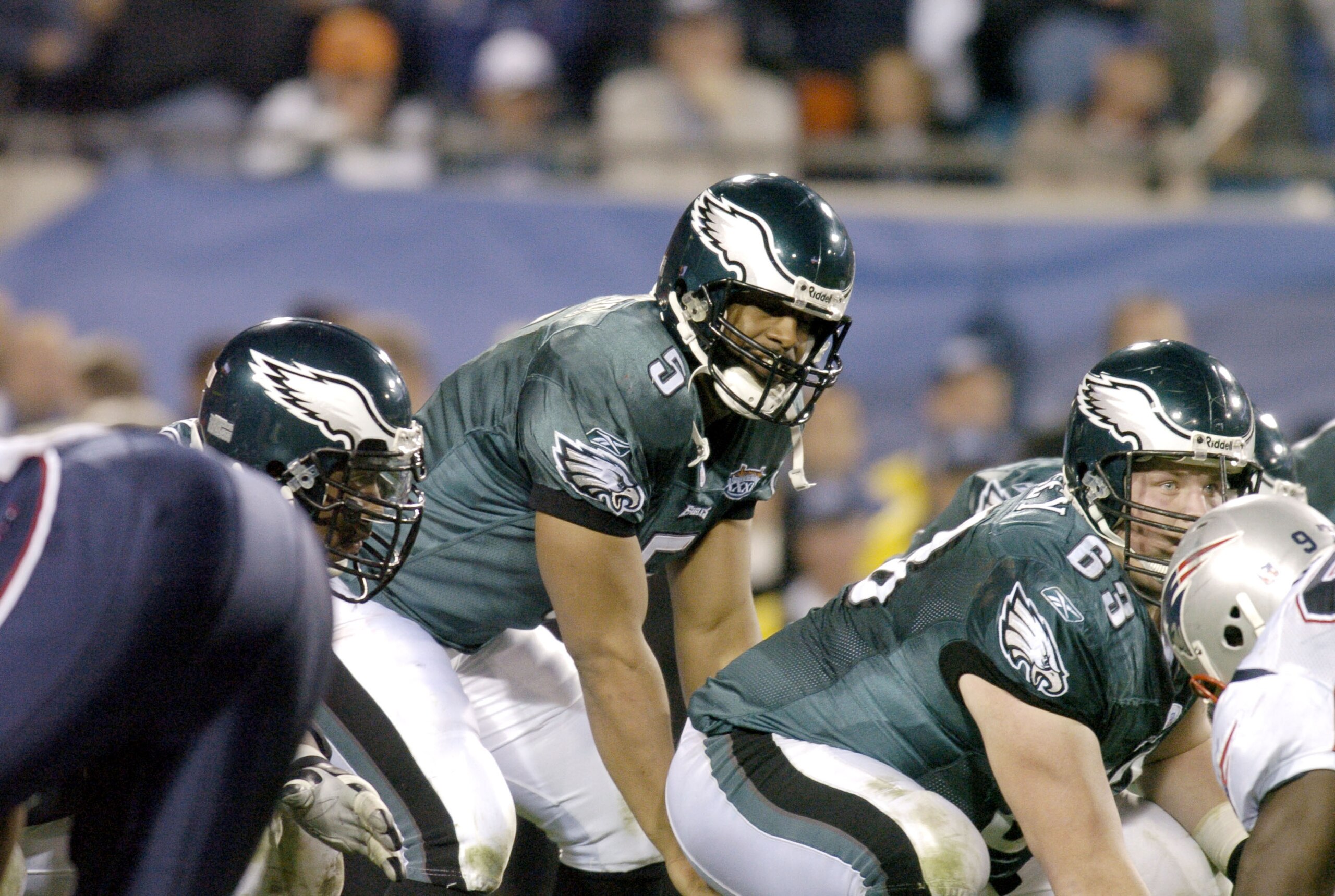 Philadelphia Eagle's Donovan McNabb looks to throw the ball during the first quarter of Super Bowl XXXIX between the Eagles and the New England Patriots at Alltel Stadium in Jacksonville, Florida on February 6, 2005.  (Photo by Al Messerschmidt/Getty Imag