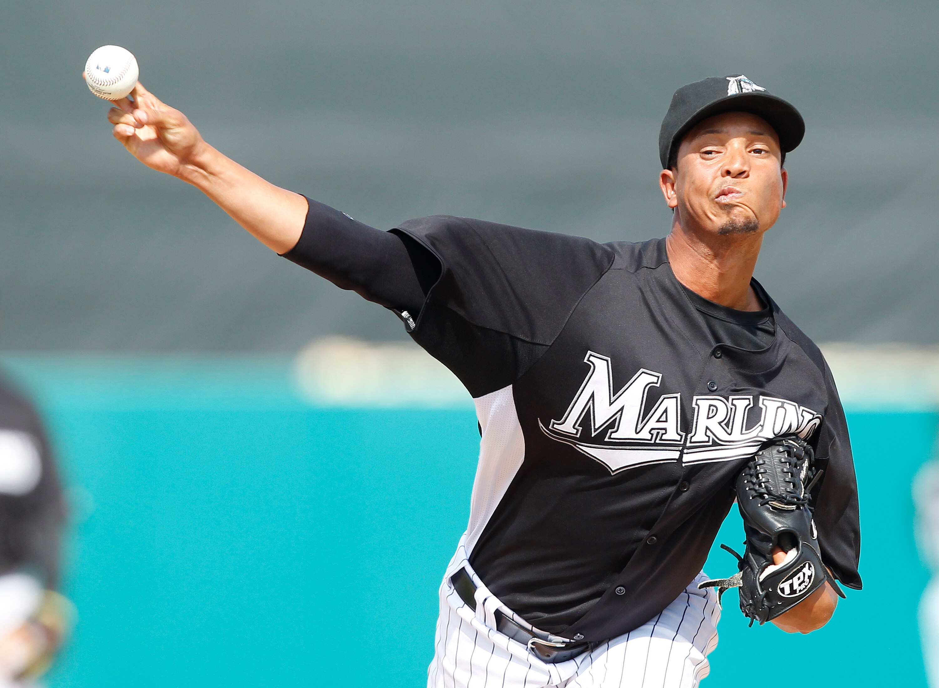 JUPITER, FL - MARCH 24: Leo Nunez #46 of the Florida Marlins prepares to pitch the final inning against the Boston Red Sox at Roger Dean Stadium on March 24, 2011 in Jupiter, Florida. The Marlins defeated the Red Sox 15-7. (Photo by Joel Auerbach/Getty Im