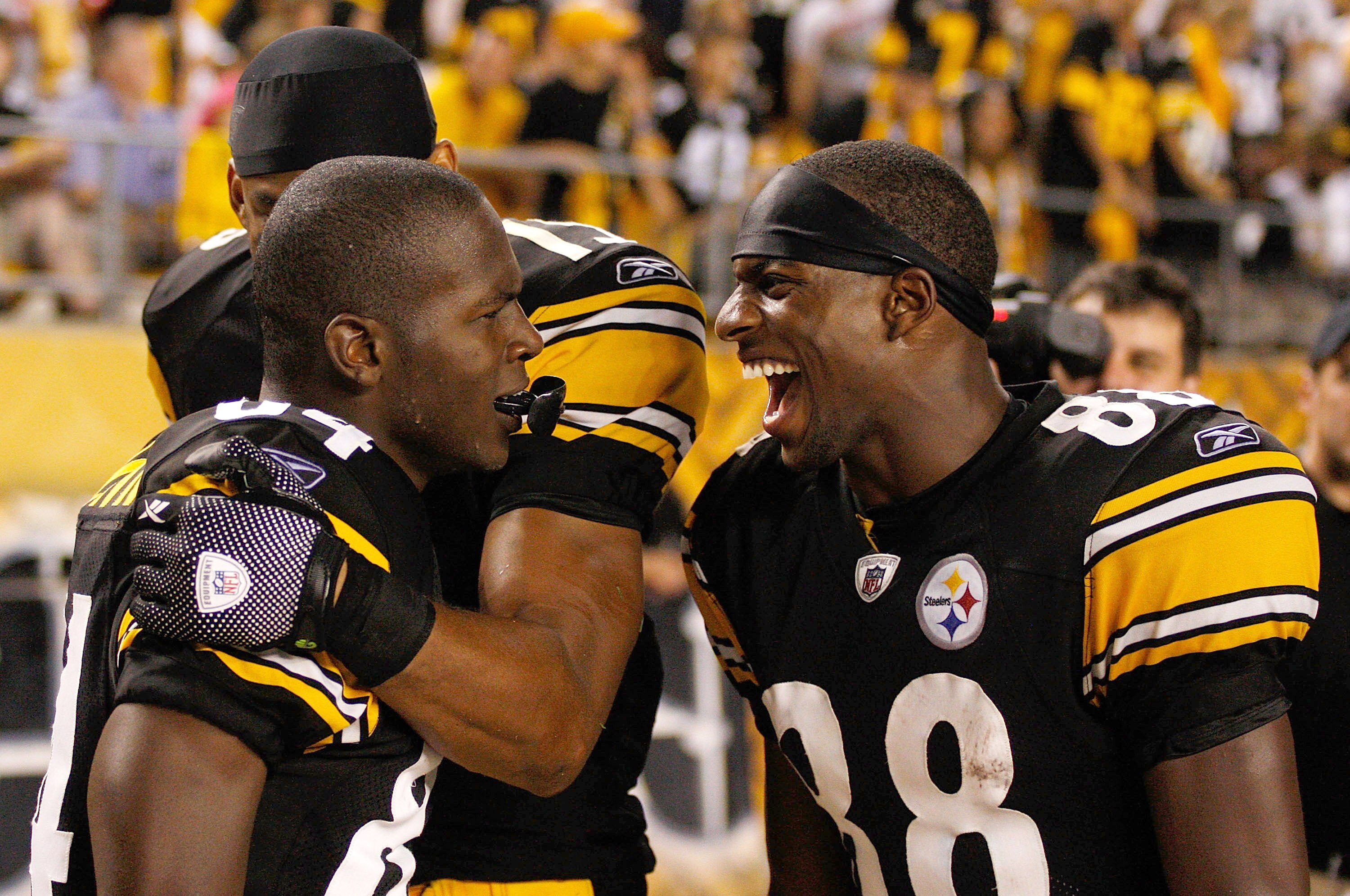 PITTSBURGH - AUGUST 14: Antonio Brown #84 of the Pittsburgh Steelers celebrates with teammates Emmanuel Sanders #88 and Brandon London #15 after scoring on a 64 yard touchdown pass of the Detroit Lions during the preseason game on August 14, 2010 at Heinz