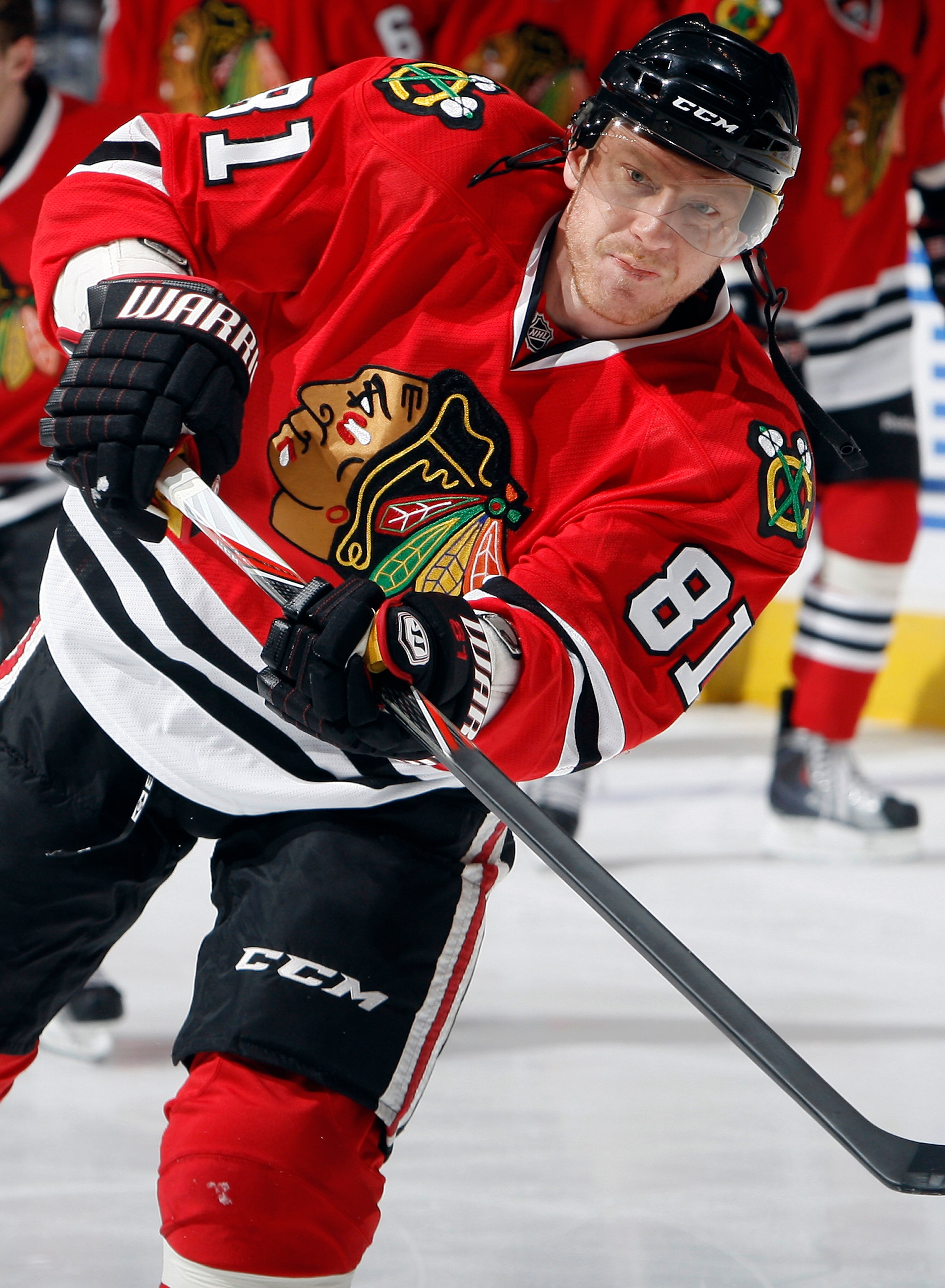 TORONTO, CANADA - MARCH 5: Marian Hossa #81 of the Chicago Blackhawks shoots during warm-up before game action at the Air Canada Centre against the Toronto Maple Leafs March 5, 2011 in Toronto, Ontario, Canada. (Photo by Abelimages/Getty Images)