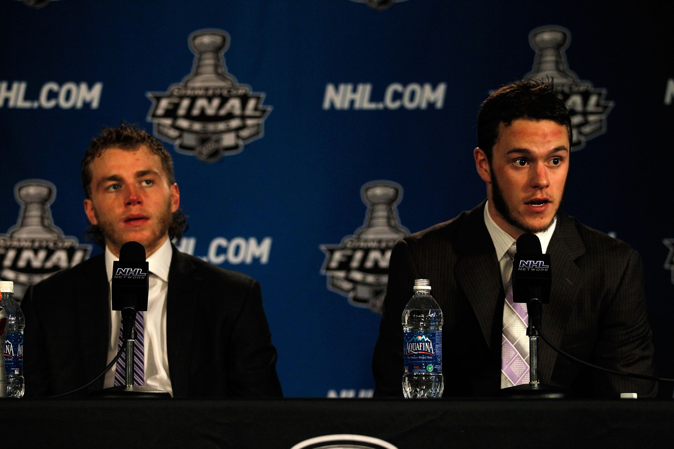 CHICAGO - JUNE 06:  Patrick Kane #88 (L) and Jonathan Toews #19 of the Chicago Blackhawks speak at a press conference after defeating the Philadelphia Flyers 7-4 in Game Five of the 2010 NHL Stanley Cup Final at the United Center on June 6, 2010 in Chicag