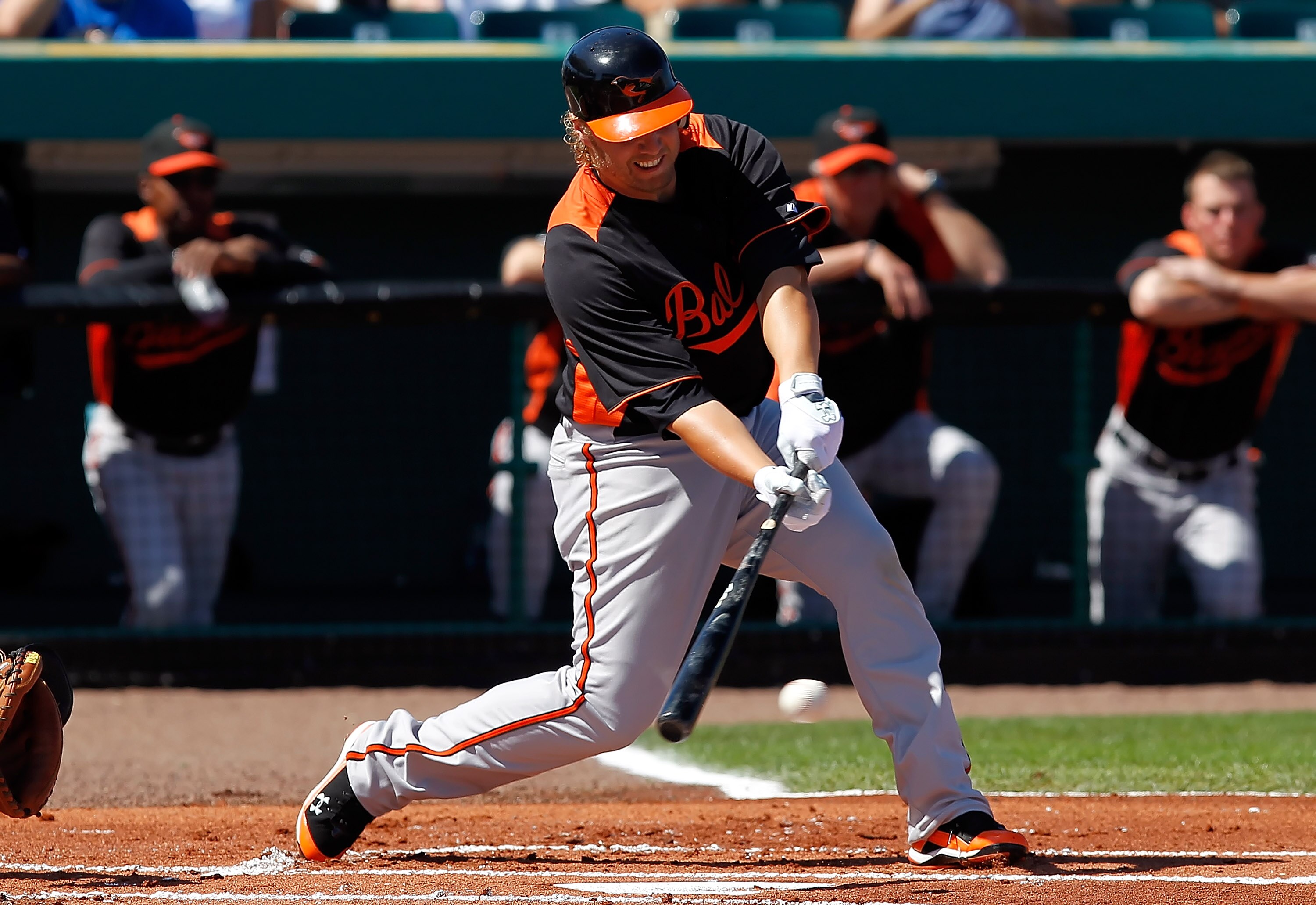 BRADENTON, FL - FEBRUARY 28:  Infielder Mark Reynolds #12 of the Baltimore Orioles fouls off a pitch against the Pittsburgh Pirates during a Grapefruit League Spring Training Game at McKechnie Field on February 28, 2011 in Bradenton, Florida.  (Photo by J
