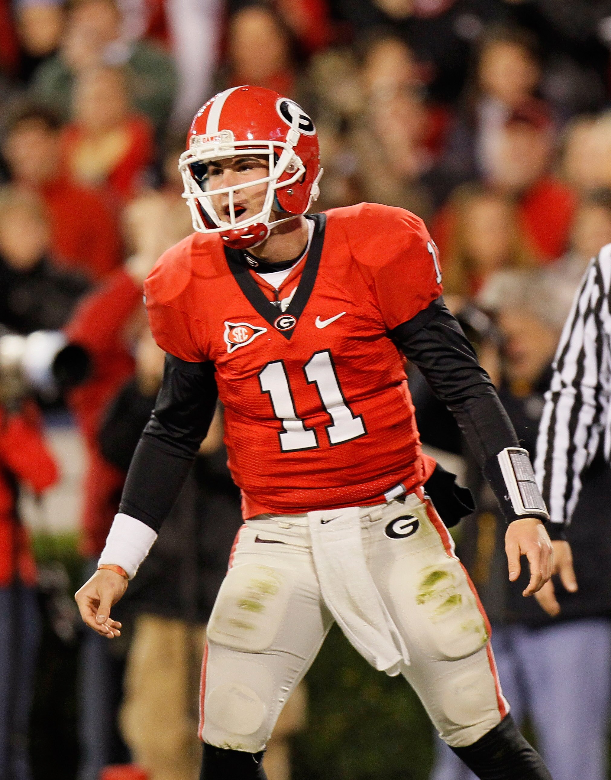 ATHENS, GA - NOVEMBER 27: Quarterback Aaron Murray #11 of the Georgia Bulldogs reacts after tossing a touchdown pass against the Georgia Tech Yellow Jackets at Sanford Stadium on November 27, 2010 in Athens, Georgia. (Photo by Kevin C. Cox/Getty Images) ATHENS, GA - NOVEMBER 27: Quarterback Aaron Murray #11 of the Georgia Bulldogs reacts after tossing a touchdown pass against the Georgia Tech Yellow Jackets at Sanford Stadium on November 27, 2010 in Athens, Georgia. (Photo by Kevin C. Cox/Getty Images)
