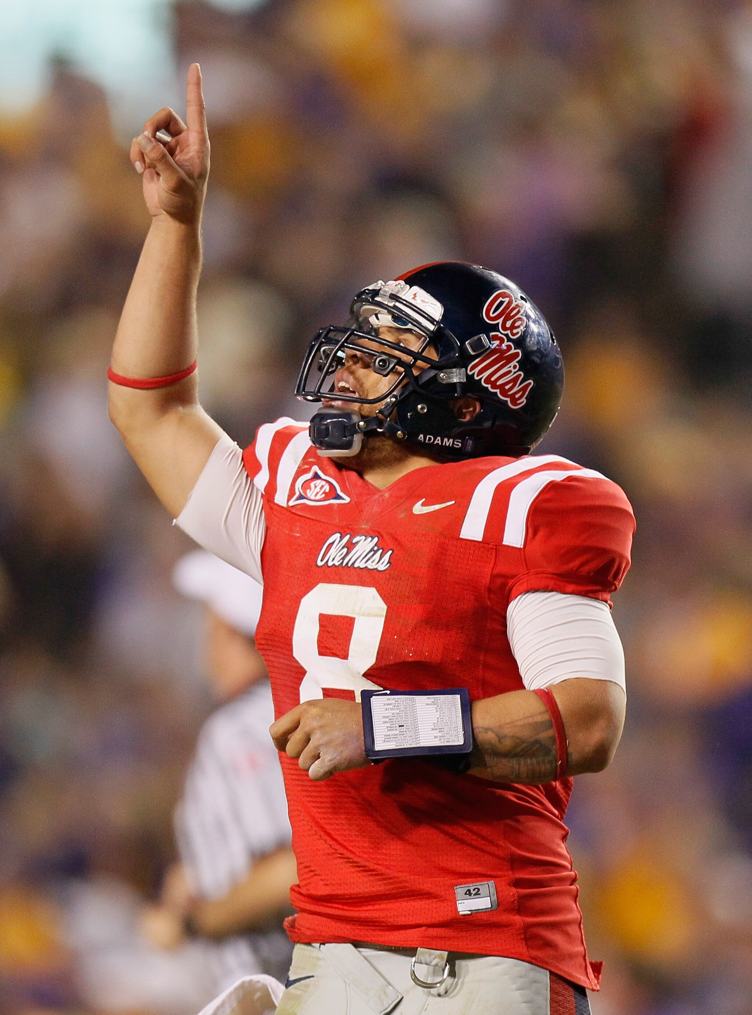 BATON ROUGE, LA - NOVEMBER 20:  Jeremiah Masoli #8 of the Ole Miss Rebels against the Louisiana State University Tigers at Tiger Stadium on November 20, 2010 in Baton Rouge, Louisiana.  (Photo by Kevin C. Cox/Getty Images)