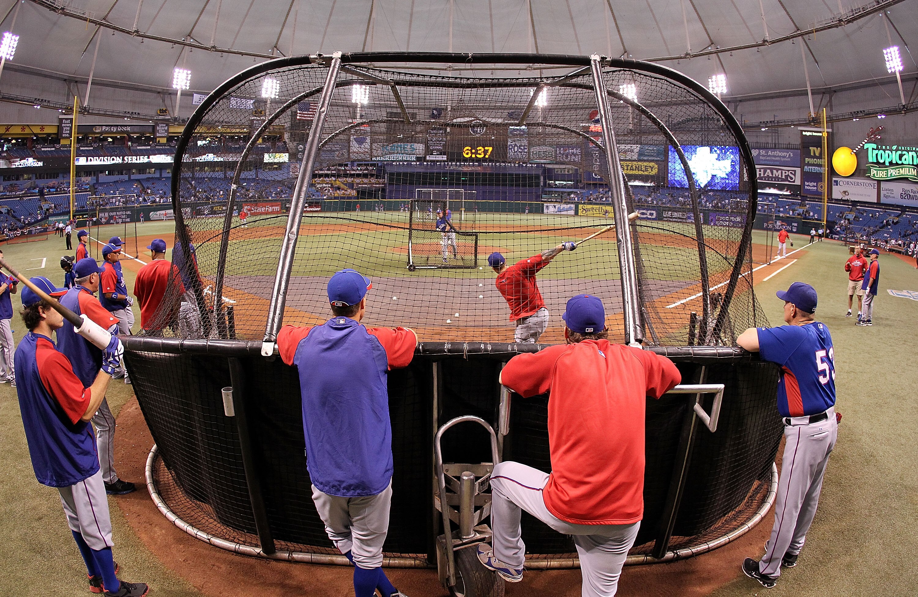 ST. PETERSBURG, FL - OCTOBER 12: Josh Hamilton of the Texas Rangers takes batting practice before Game 5 of the ALDS against the Tampa Bay Rays at Tropicana Field on October 12, 2010 in St. Petersburg, Florida.  (Photo by Mike Ehrmann/Getty Images)
