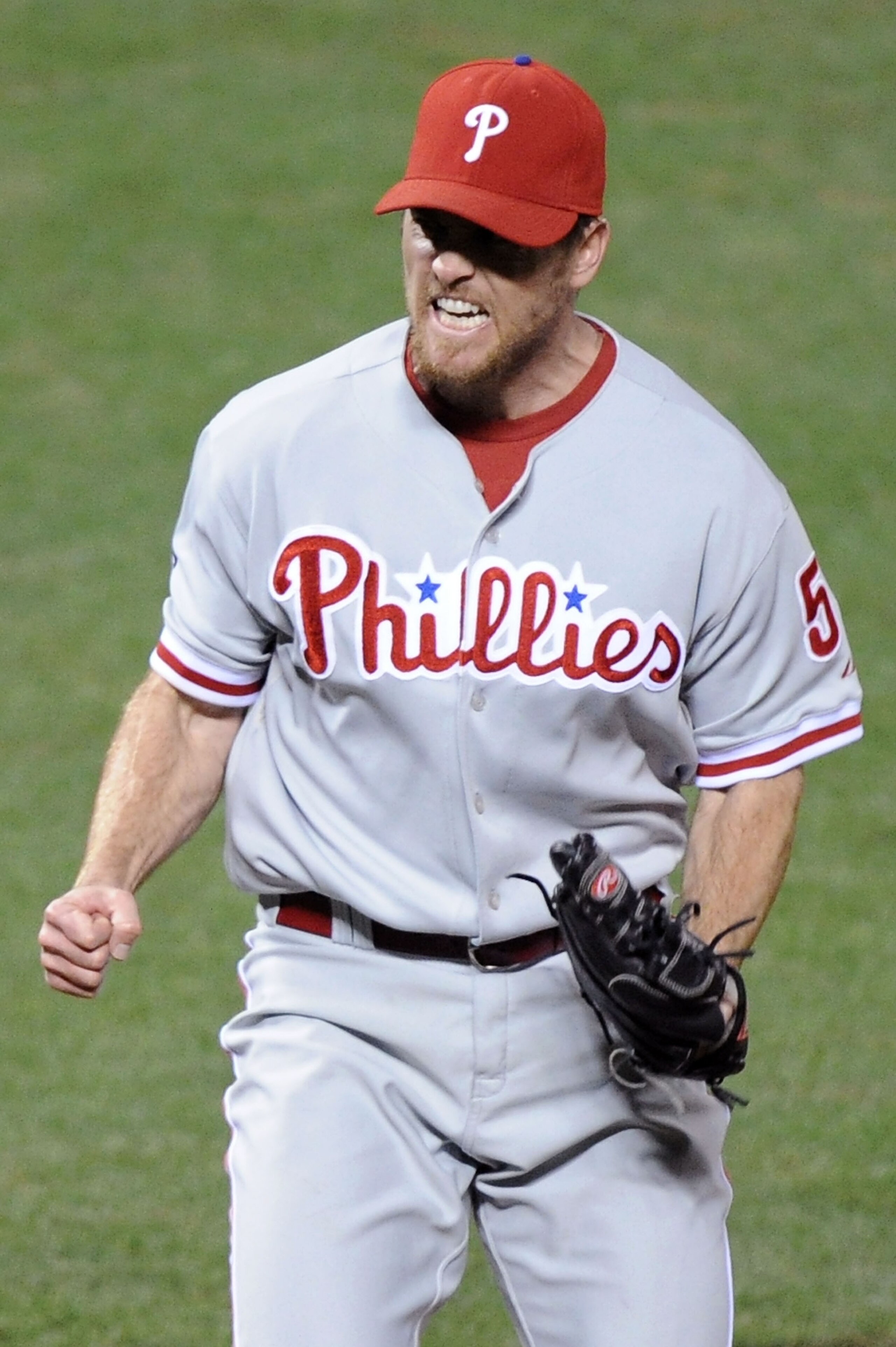 SAN FRANCISCO - OCTOBER 21:  Brad Lidge #54 of the Philadelphia Phillies reacts after defeating the San Francisco Giants 4-2 in Game Five of the NLCS during the 2010 MLB Playoffs at AT&T Park on October 21, 2010 in San Francisco, California.  (Photo by Ha
