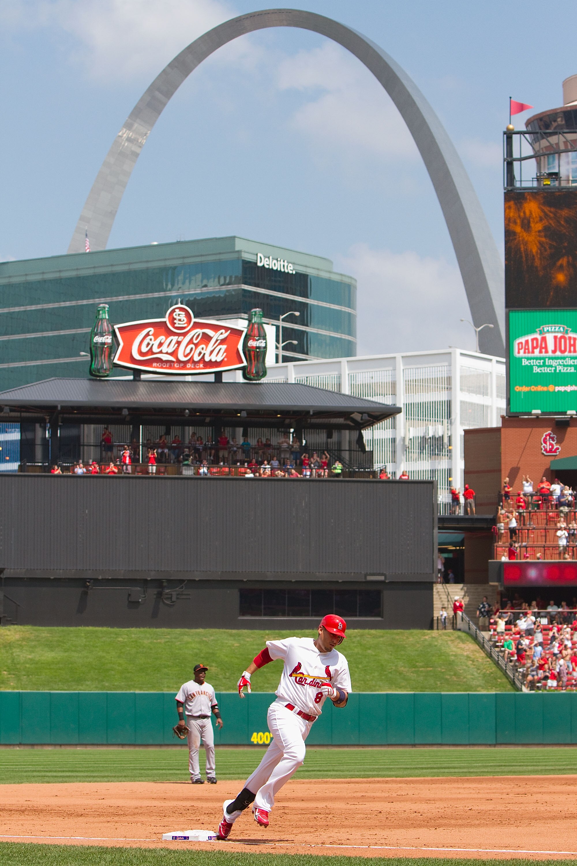ST. LOUIS - AUGUST 22: Allen Craig #8 of the St. Louis Cardinals rounds the bases after hitting a home run against the San Francisco Giants at Busch Stadium on August 22, 2010 in St. Louis, Missouri.  (Photo by Dilip Vishwanat/Getty Images)