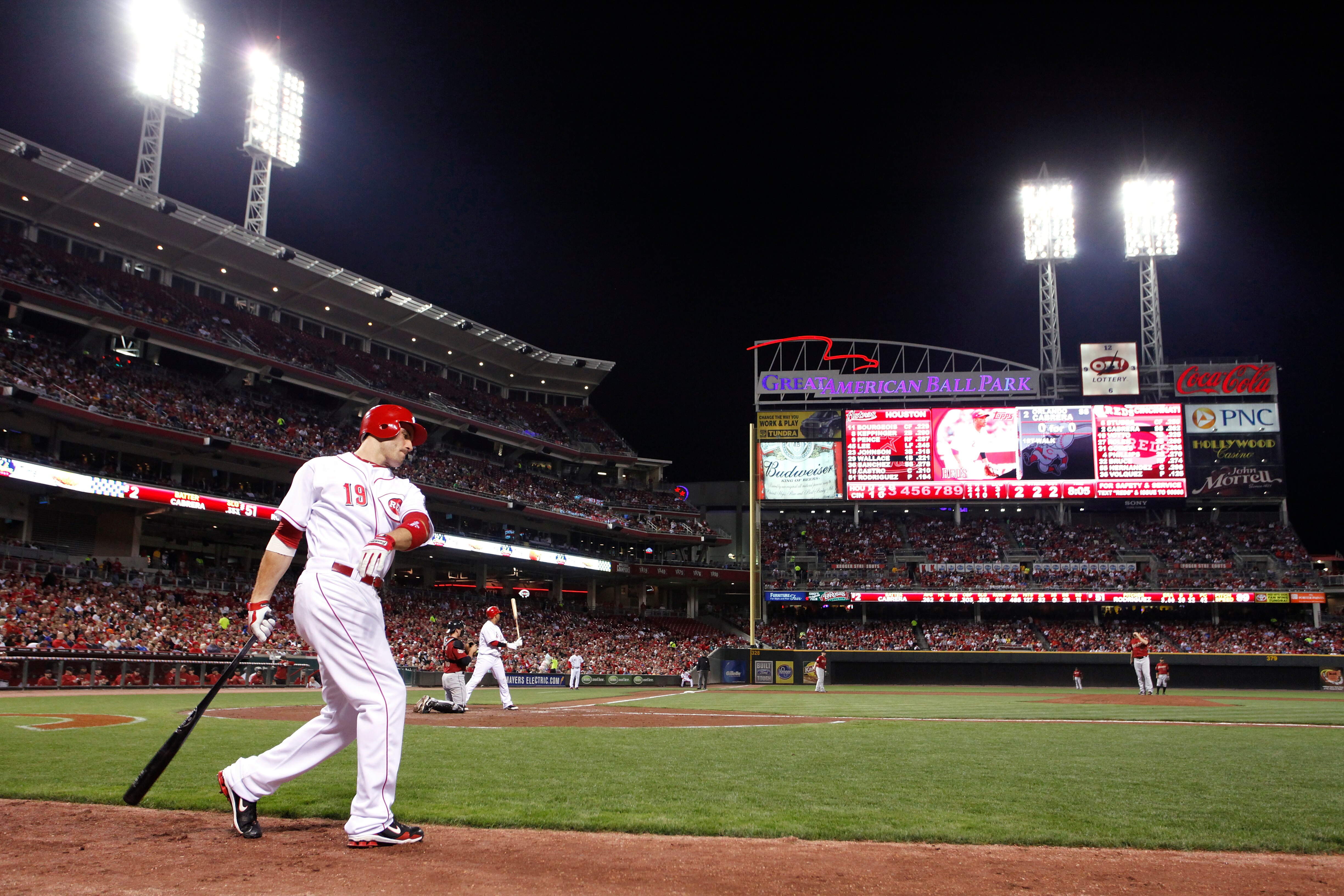 CINCINNATI, OH - SEPTEMBER 28: Joey Votto #19 of the Cincinnati Reds waits to bat against the Houston Astros at Great American Ball Park on September 28, 2010 in Cincinnati, Ohio. The Reds won 3-2 to clinch the NL Central Division title. (Photo by Joe Rob
