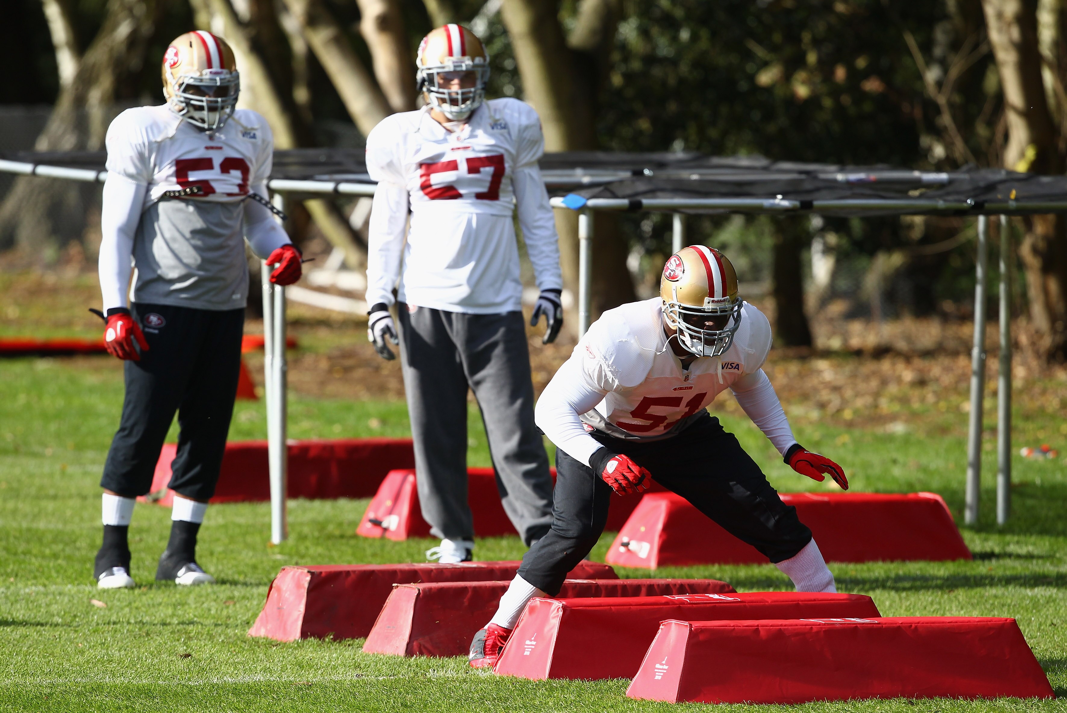 HERTFORD, ENGLAND - OCTOBER 27:  Takeo Spikes of San Francisco 49ers in a training session at The Grove Hotel on October 27, 2010 in Hertford, England. The San Francisco 49ers will meet the Denver Broncos in the NFL International Series regular-season mat