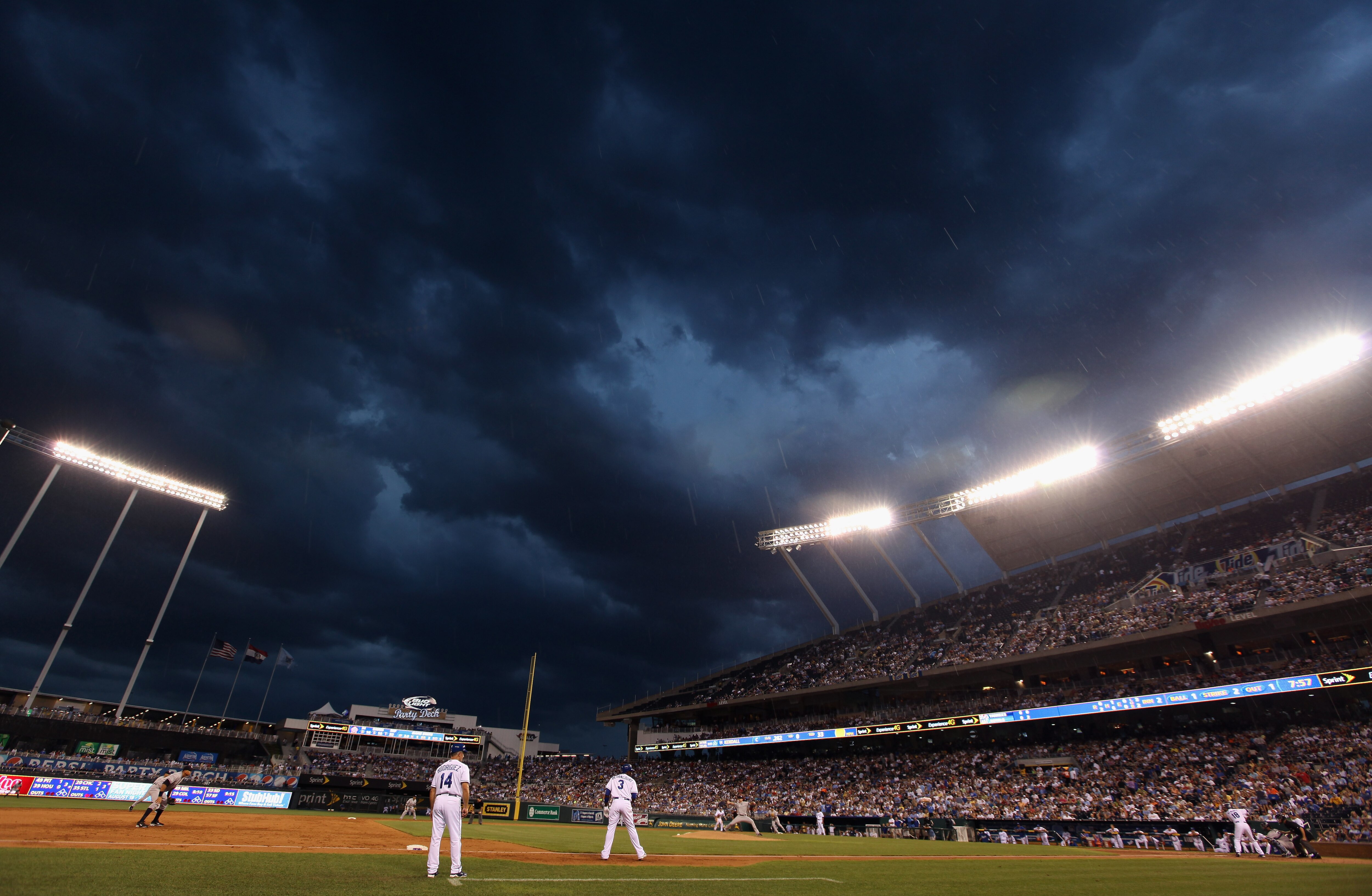 KANSAS CITY, MO - AUGUST 13:  A general view as rain begins to fall during the game between the New York Yankees and the Kansas City Royals on August 13, 2010 at Kauffman Stadium in Kansas City, Missouri.  (Photo by Jamie Squire/Getty Images)
