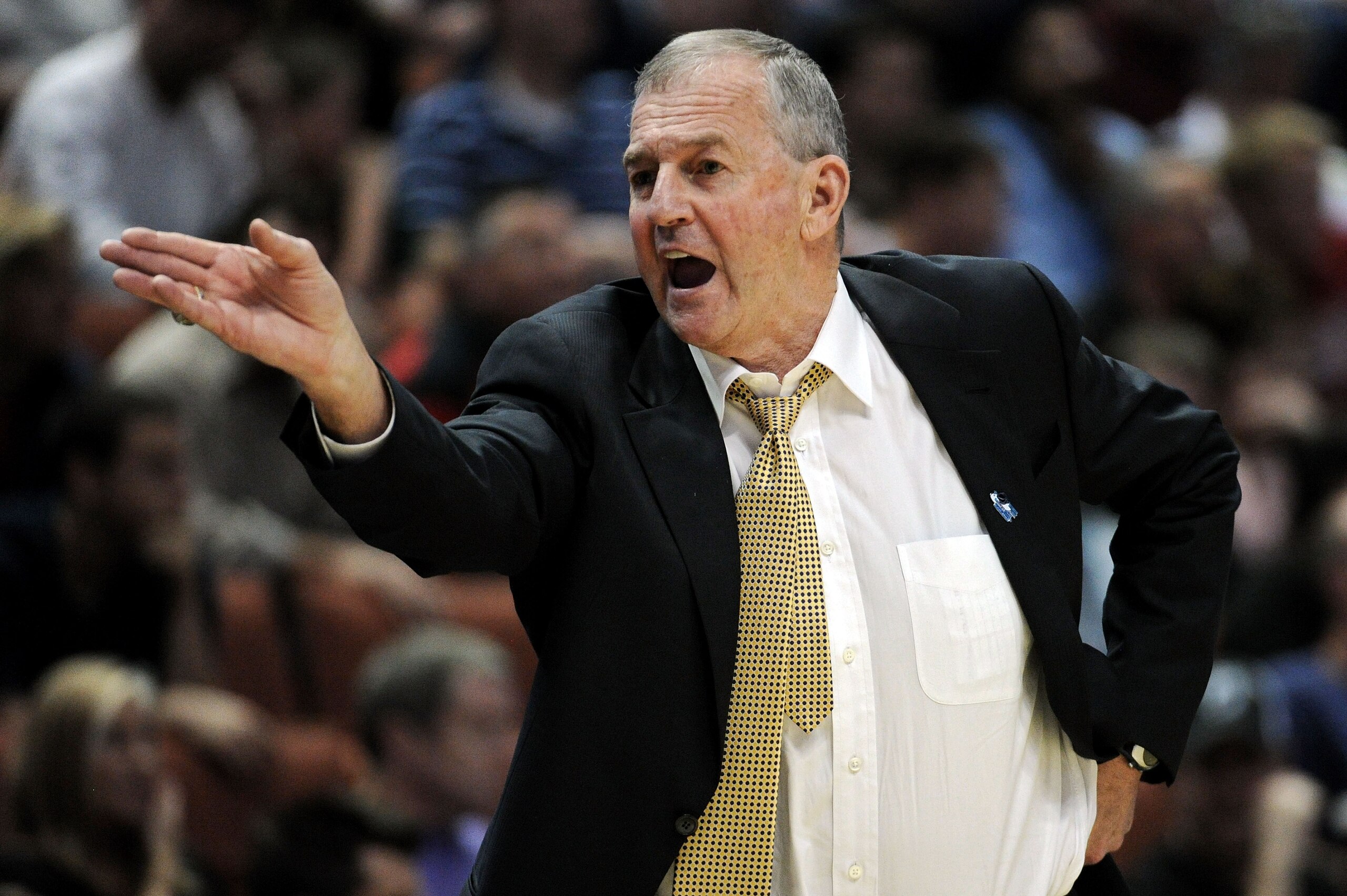 ANAHEIM, CA - MARCH 26:  Head coach Jim Calhoun of the Connecticut Huskies shouts from the bench during the west regional final of the 2011 NCAA men's basketball tournament at the Honda Center on March 26, 2011 in Anaheim, California.  (Photo by Harry How