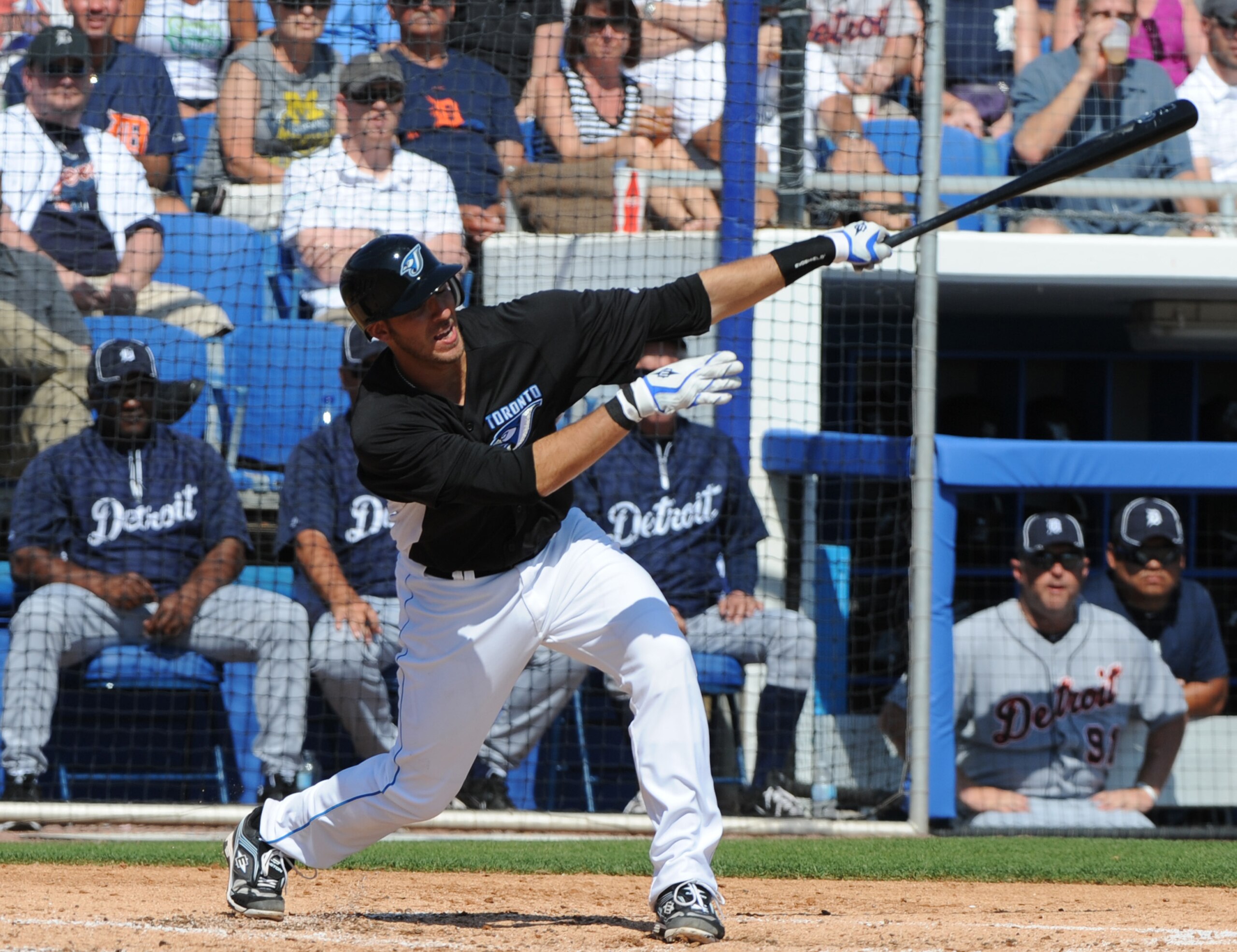 DUNEDIN, FL - FEBRUARY 26:  Infielder Jose Bautista #19 of the Toronto Blue Jays bats against the Detroit Tigers February 26, 2011 at Florida Auto Exchange Stadium in Dunedin, Florida.  (Photo by Al Messerschmidt/Getty Images)