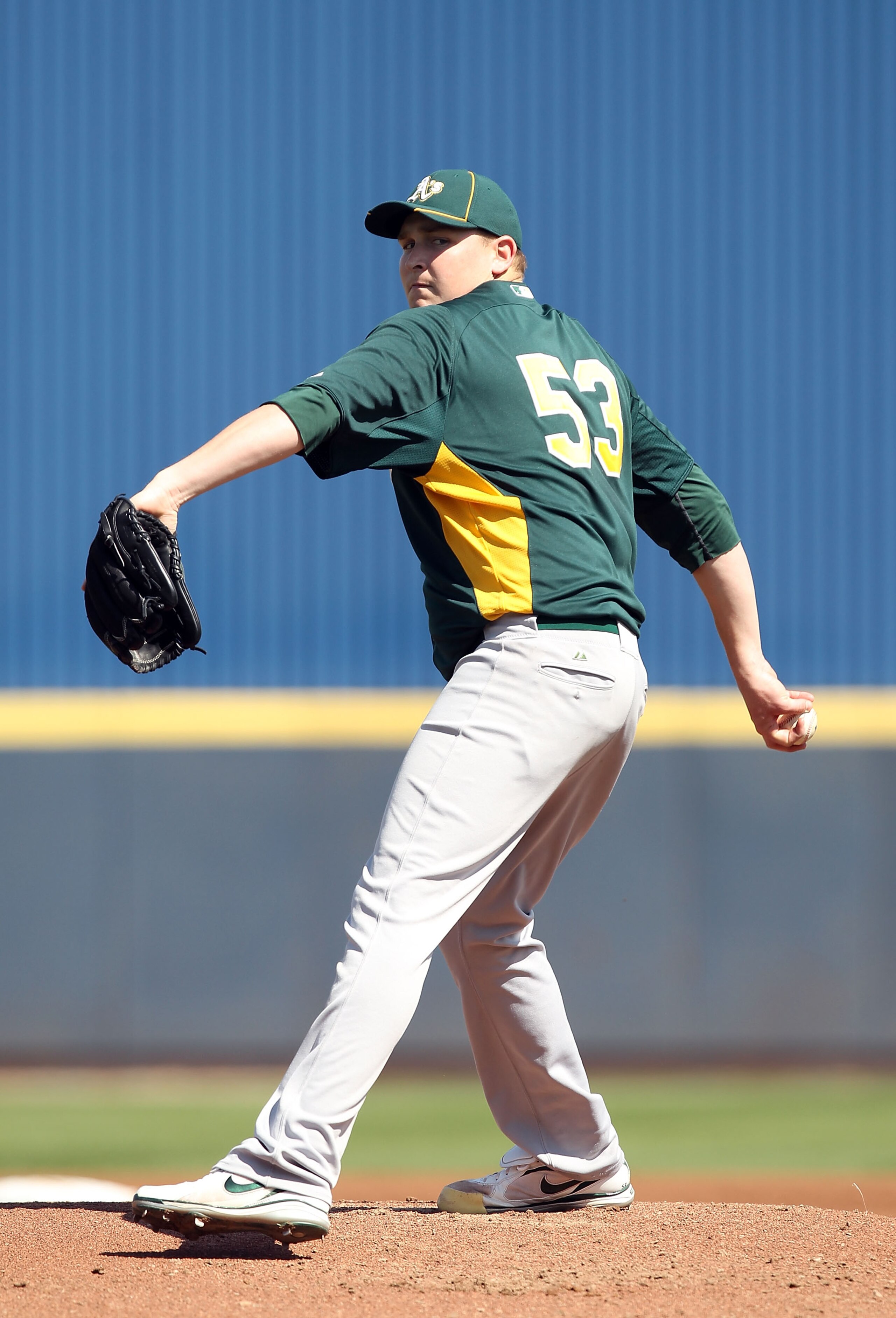 PHOENIX, AZ - MARCH 03:  Starting pitcher Trevor Cahill #53 of the Oakland Athletics pitches against the Milwaukee Brewers during the spring training game at Maryvale Baseball Park on March 3, 2011 in Phoenix, Arizona.  (Photo by Christian Petersen/Getty