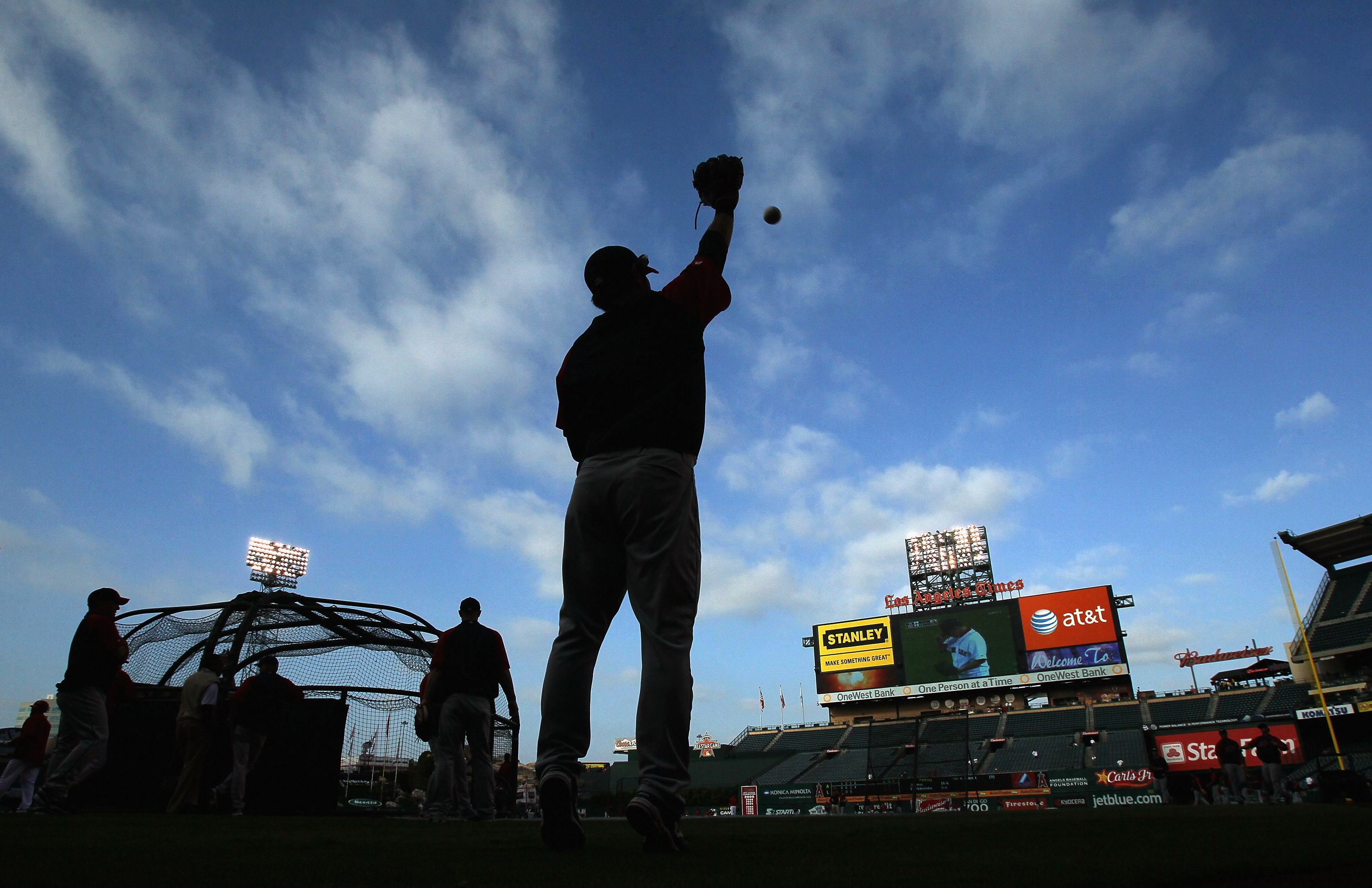 ANAHEIM, CA - SEPTEMBER 07:  A silhouette of Shin-Soo Choo #17 of the Cleveland Indians warming up prior to the start of the game against the Los Angeles Angels of Anaheim at Angel Stadium on September 7, 2010 in Anaheim, California.  (Photo by Jeff Gross