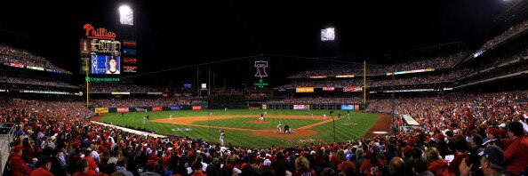 PHILADELPHIA - OCTOBER 23:  (***EDITORS NOTE*** THIS PANORAMIC COMPOSITE IMAGE WAS CREATED USING PHOTO STITCHING SOFTWARE) Roy Oswalt #44 of the Philadelphia Phillies pitches against Buster Posey #28 of the San Francisco Giants in Game Six of the NLCS dur