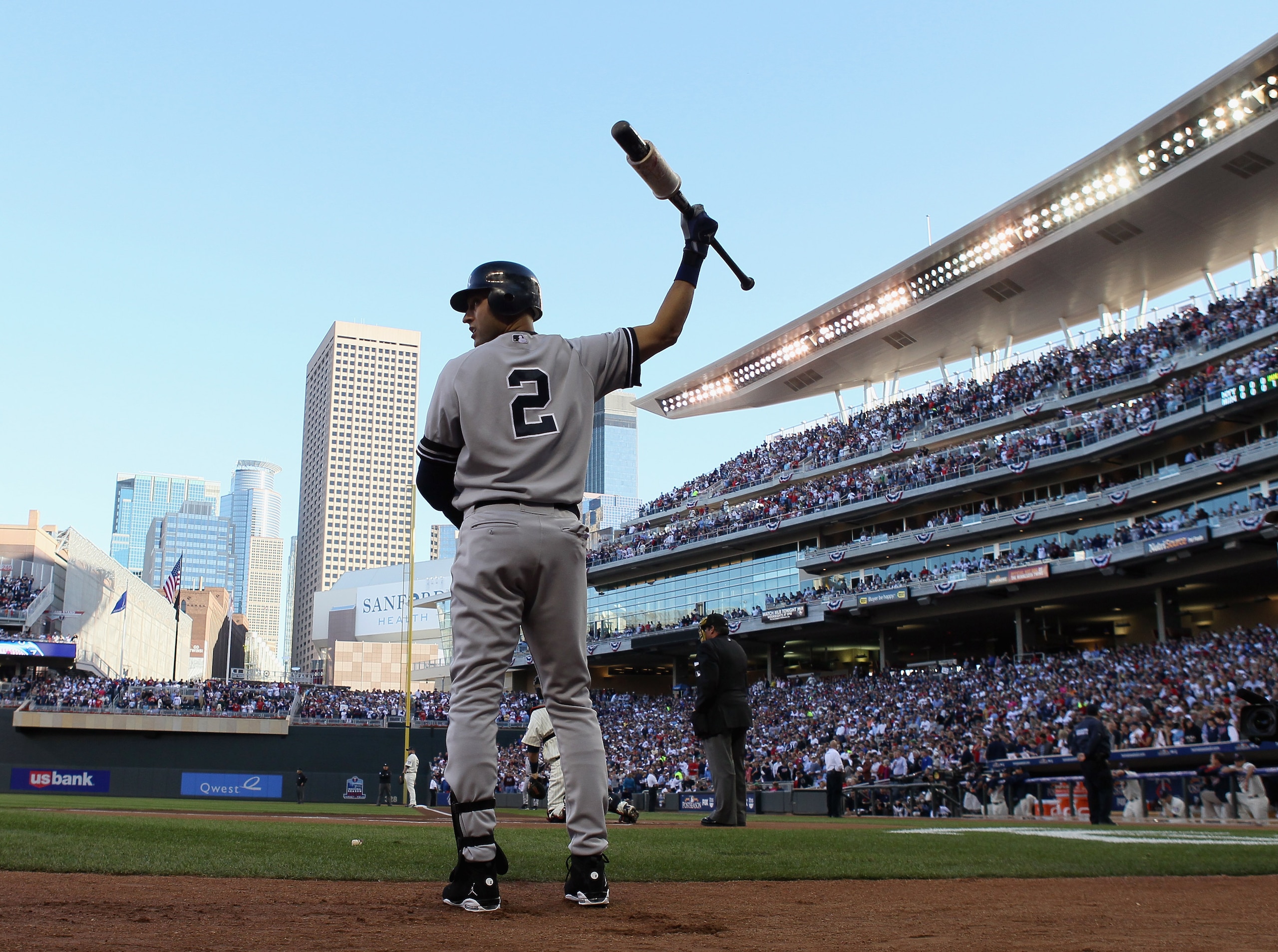 MINNEAPOLIS - OCTOBER 07:  Derek Jeter #2 of the New York Yankees waits on deck in the first innning against the Minnesota Twins during game two of the ALDS on October 7, 2010 at Target Field in Minneapolis, Minnesota.  (Photo by Elsa/Getty Images)