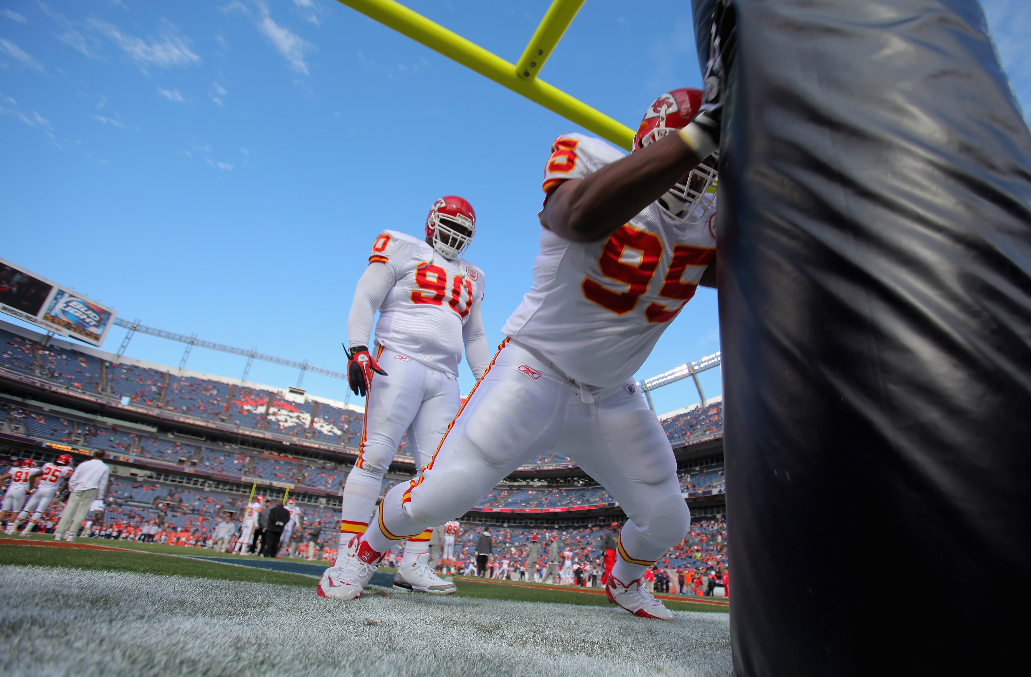 DENVER - NOVEMBER 14:  Defensive tackle Ron Edwards #95 of the Kansas City Chiefs warms up prior to facing the Denver Bronco at INVESCO Field at Mile High on November 14, 2010 in Denver, Colorado. The Broncos defeated the Chiefs 49-29.  (Photo by Doug Pen