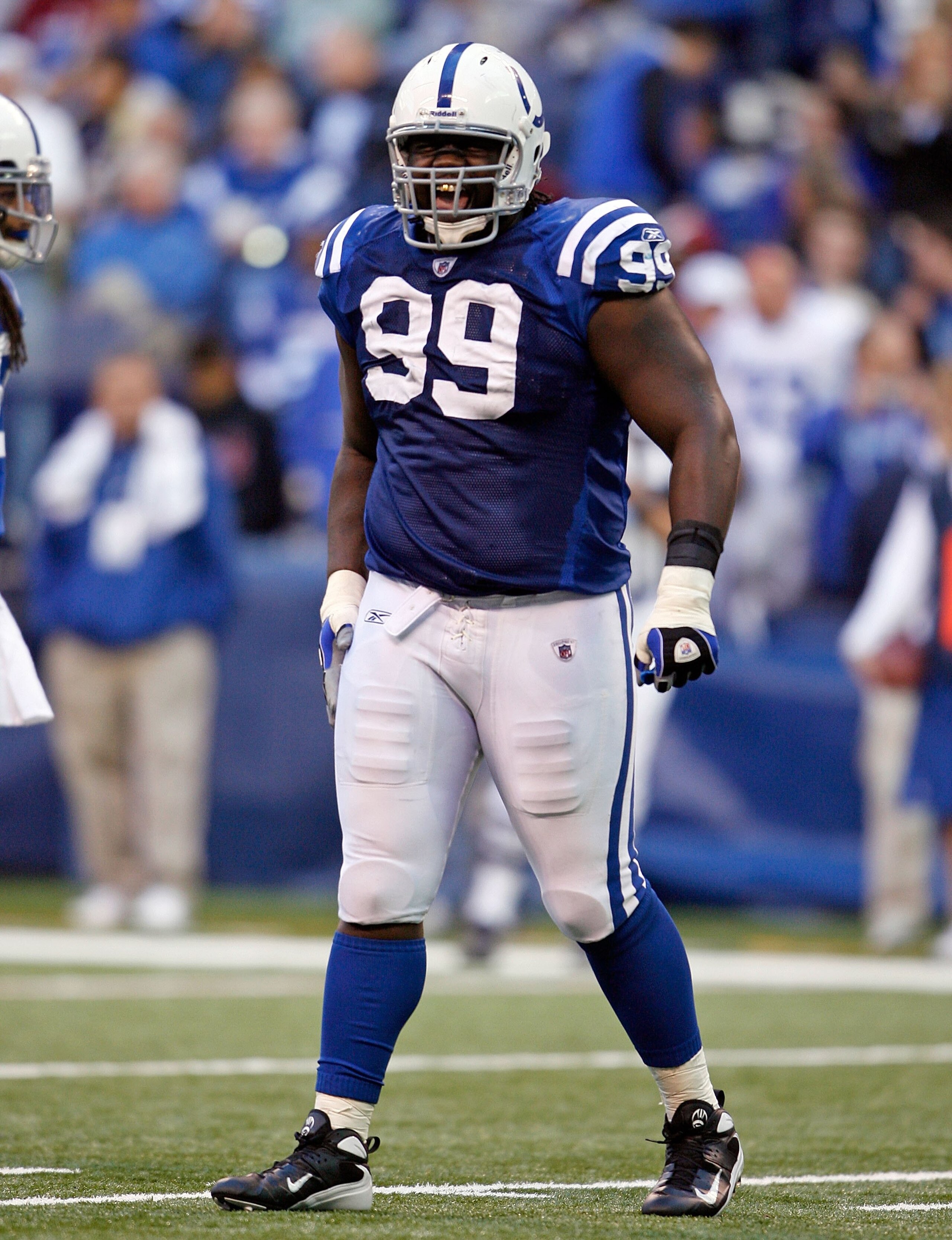 INDIANAPOLIS - NOVEMBER 01:  Antonio Johnson #93 of the Indianapolis Colts celebrates after defensive stop during the NFL game against the San Francisco 49ers at Lucas Oil Stadium on November 1, 2009 in Indianapolis, Indiana. The Colts won 18-14.  (Photo
