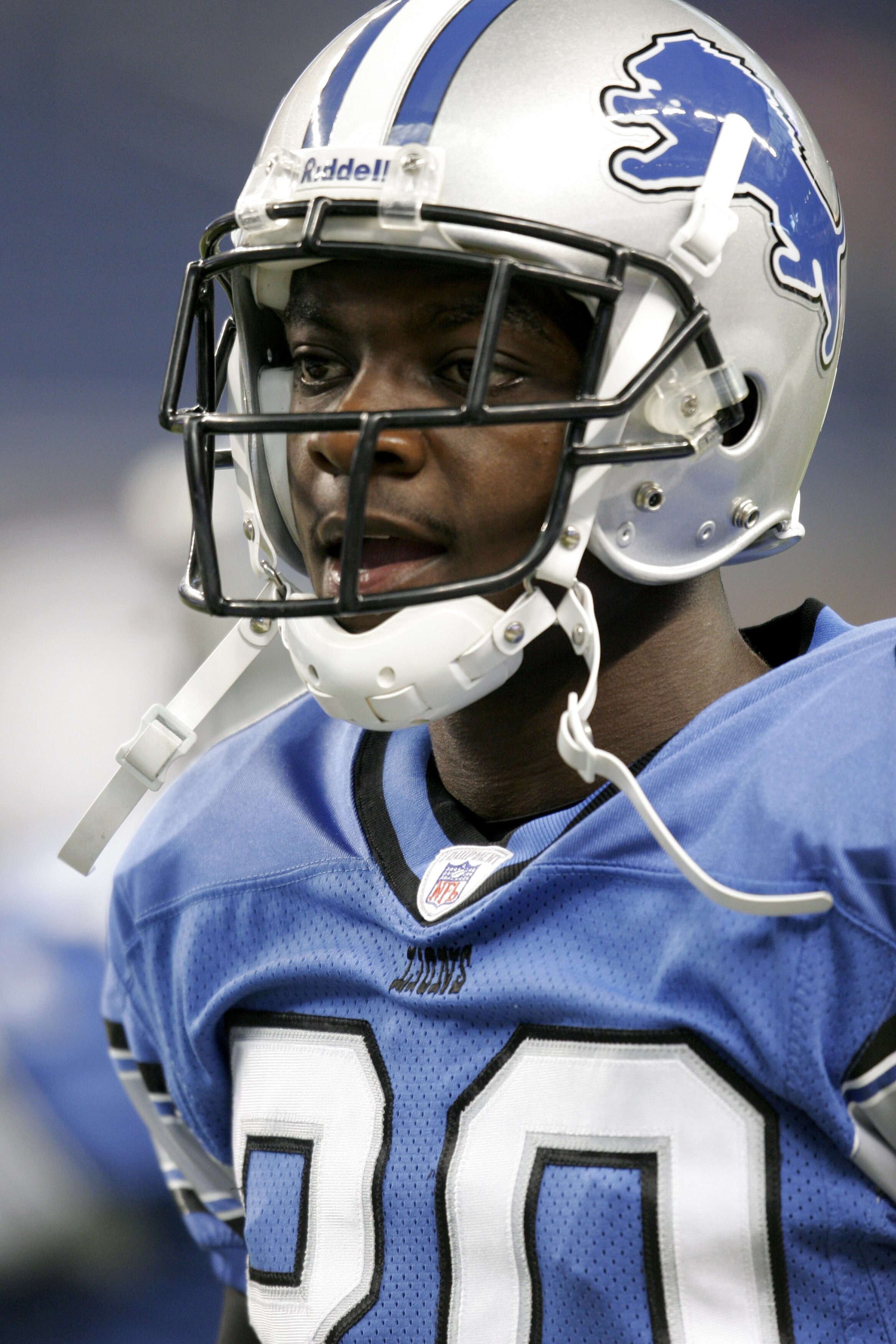DETROIT - AUGUST 11:  Wide receiver Charles Rogers #80 of the Detroit Lions watches the preseason game against the Denver Broncos on August 11, 2006, at Ford Field in Detroit, Michigan. The Lions won 20-13.  (Photo by Tom Pidgeon/Getty Images)