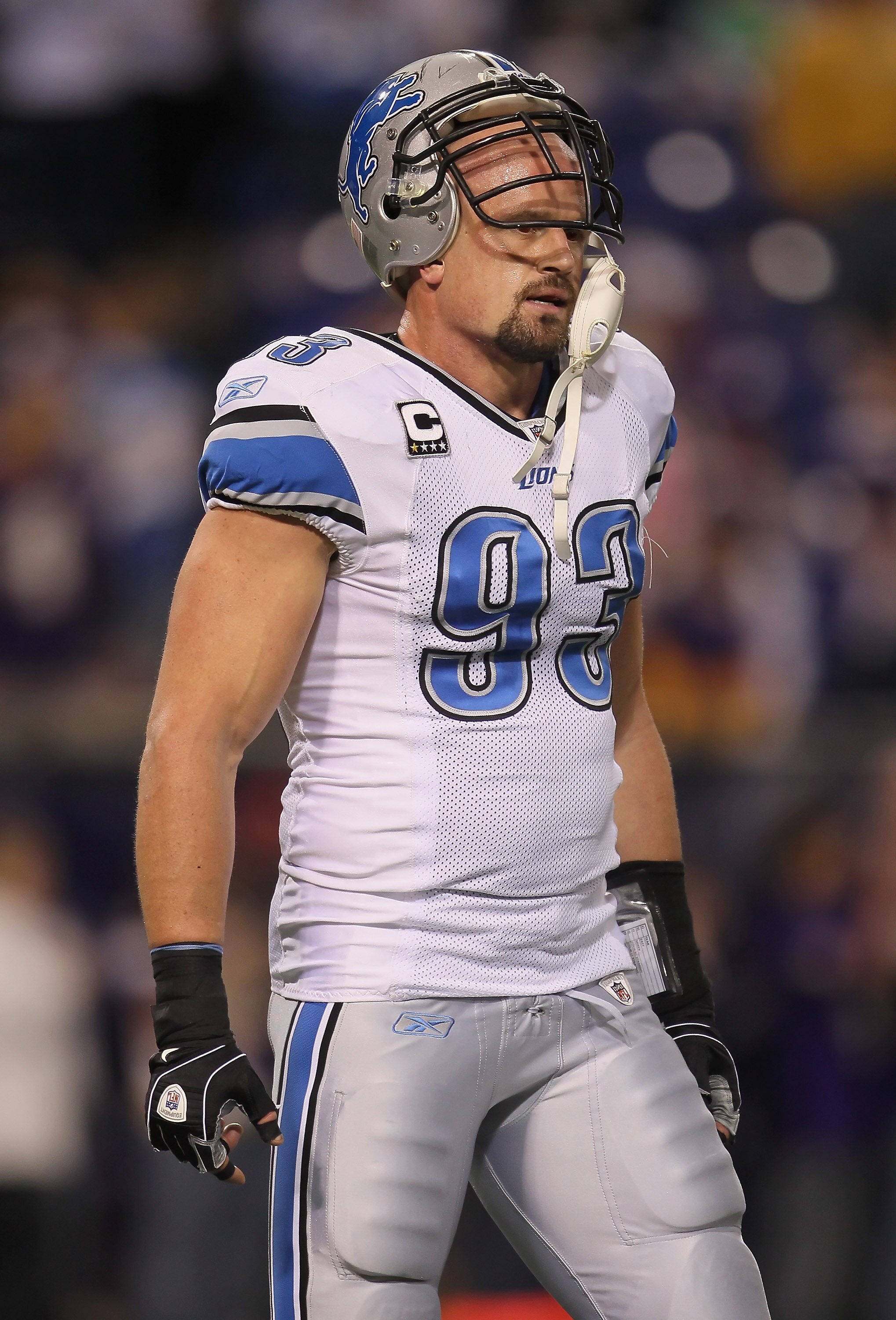 MINNEAPOLIS - SEPTEMBER 26:  Kyle Vanden Bosch #93 of the Detroit Lions looks on prior to the start of the game against the Minnesota Vikings at Mall of America Field on September 26, 2010 in Minneapolis, Minnesota.  (Photo by Jeff Gross/Getty Images)