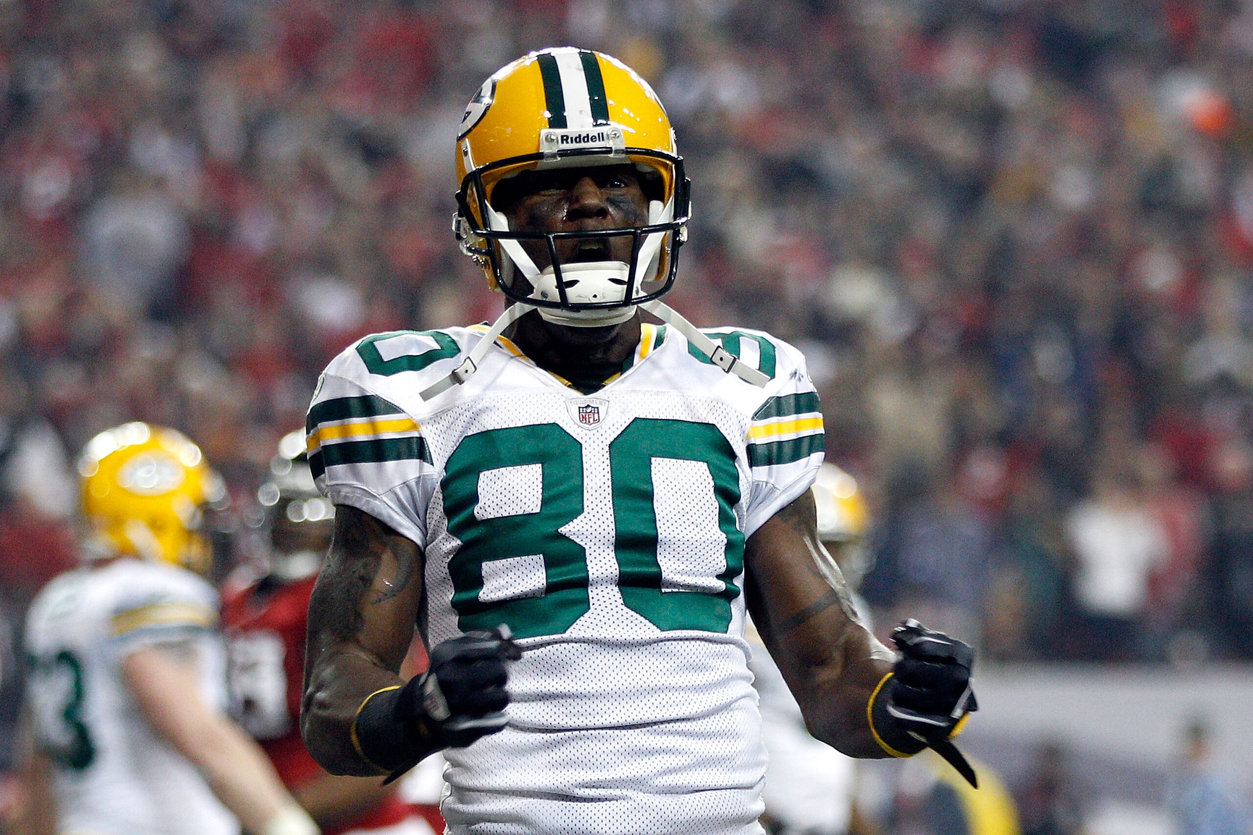 ATLANTA, GA - JANUARY 15: Donald Driver #80 of the Green Bay Packers reacts after he made a reception against the Atlanta Falcons during their 2011 NFC divisional playoff game at Georgia Dome on January 15, 2011 in Atlanta, Georgia. The Packers won 48-21 ATLANTA, GA - JANUARY 15: Donald Driver #80 of the Green Bay Packers reacts after he made a reception against the Atlanta Falcons during their 2011 NFC divisional playoff game at Georgia Dome on January 15, 2011 in Atlanta, Georgia. The Packers won 48-21
