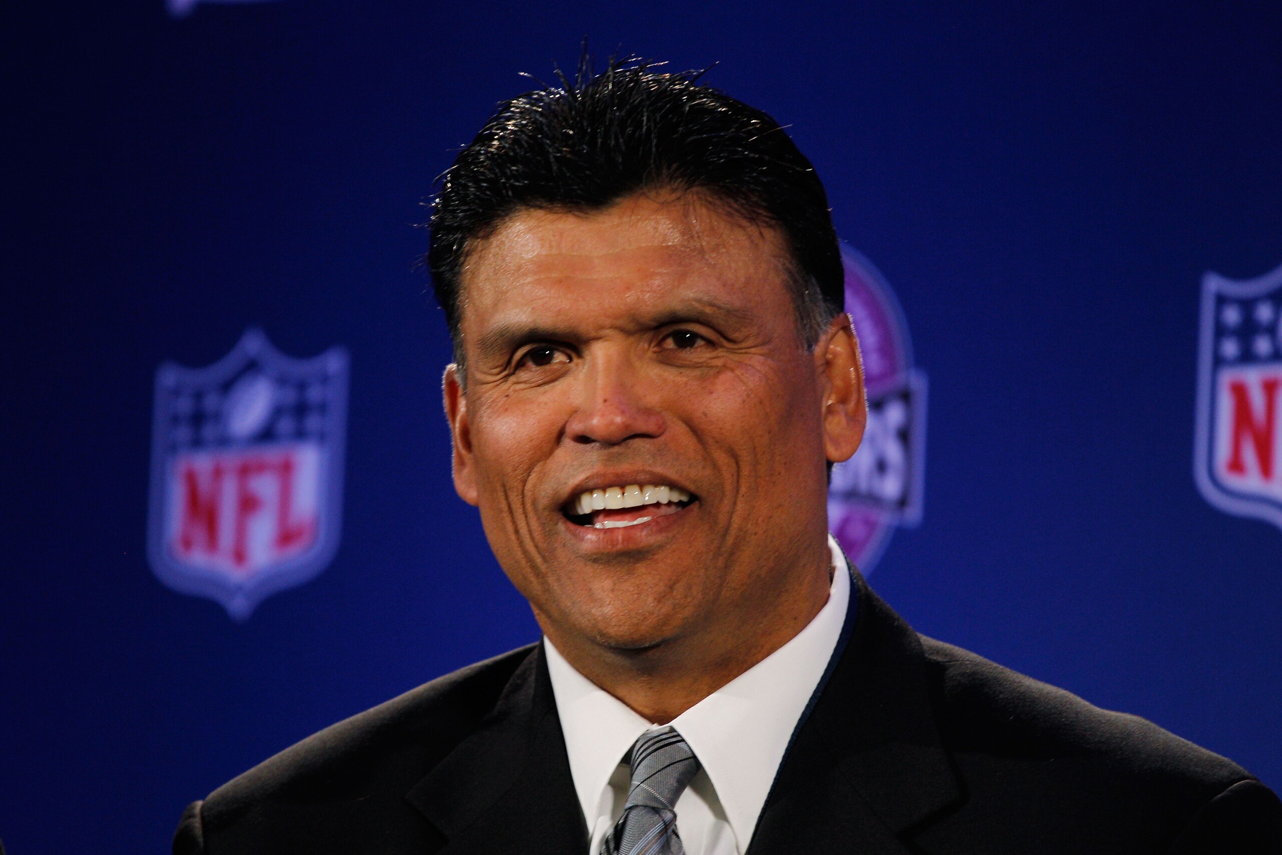 DALLAS, TX - FEBRUARY 03:  Hall of Fame offensive tackle Anthony Munoz attends a press conference where the New England Patriots offensive linemen were awarded with the Madden Most Valuable Protectors Award for being this year's best offensive line, as de