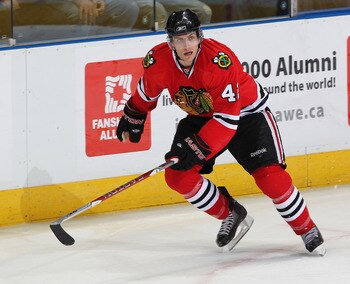 LONDON, CANADA - SEPTEMBER 12:  Shawn Lalonde #42 of the Chicago Black Hawks skates in a game against the Ottawa Senators during the NHL Rookie Tournament on September 12,2010 at the John Labatt Centre in London, Ontario. The Senators defeated the Hawks 7