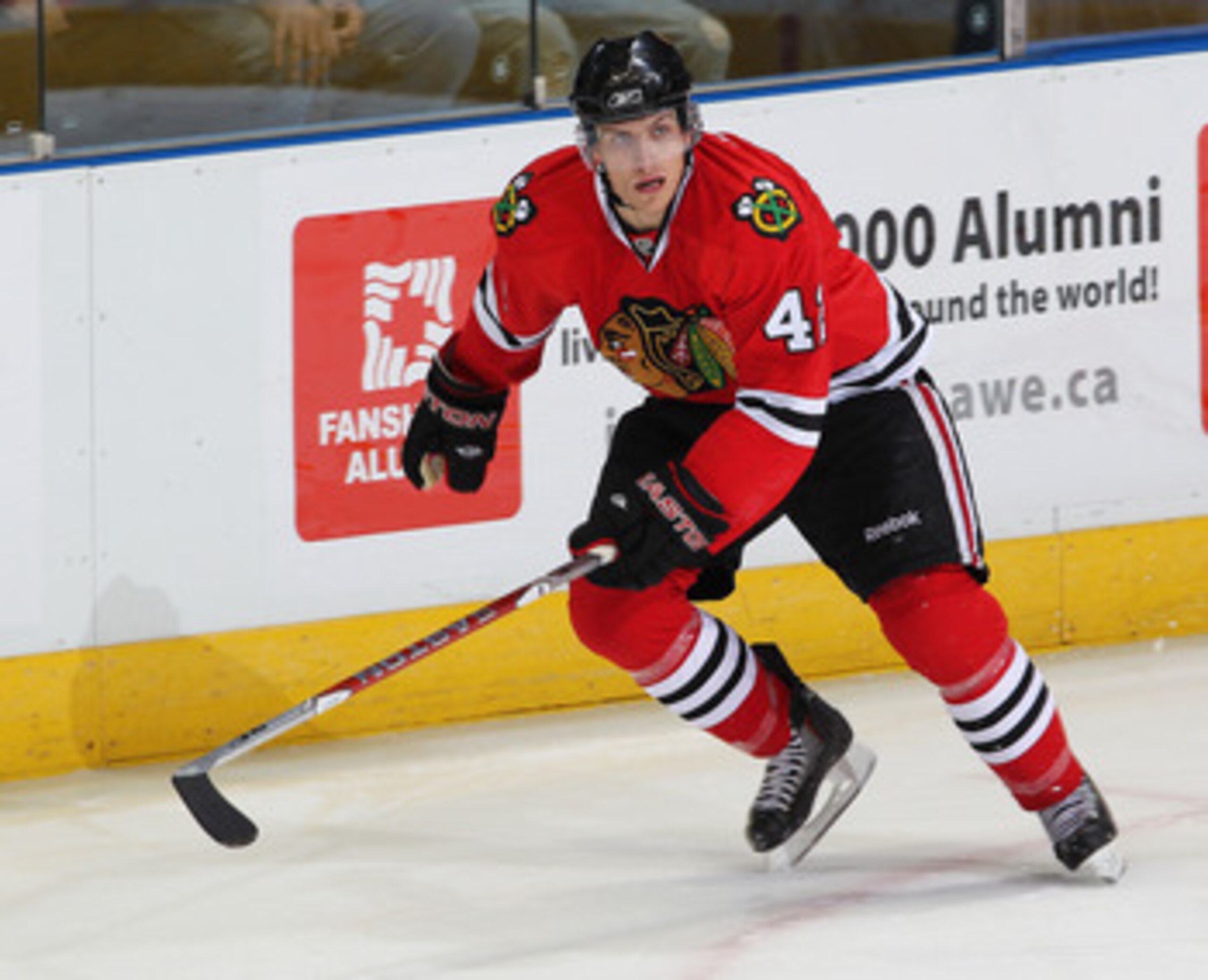 LONDON, CANADA - SEPTEMBER 12:  Shawn Lalonde #42 of the Chicago Black Hawks skates in a game against the Ottawa Senators during the NHL Rookie Tournament on September 12,2010 at the John Labatt Centre in London, Ontario. The Senators defeated the Hawks 7