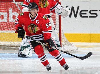LONDON,ON - SEPTEMBER 14:  Brian Connelly #56 of the Chicago Black Hawks skates in a game against the Pittsburgh Penguins during the NHL Rookie Tournament on September 14,2010 at the John Labatt Centre in London,Ontario. The Hawks defeated the Penguins 9-