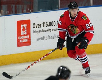 LONDON,ON - SEPTEMBER 14:  Igor Makarov #26 of the Chicago Black Hawks skates in a game against the Pittsburgh Penguins during the NHL Rookie Tournament on September 14,2010 at the John Labatt Centre in London,Ontario. The Hawks defeated the Penguins 9-5.