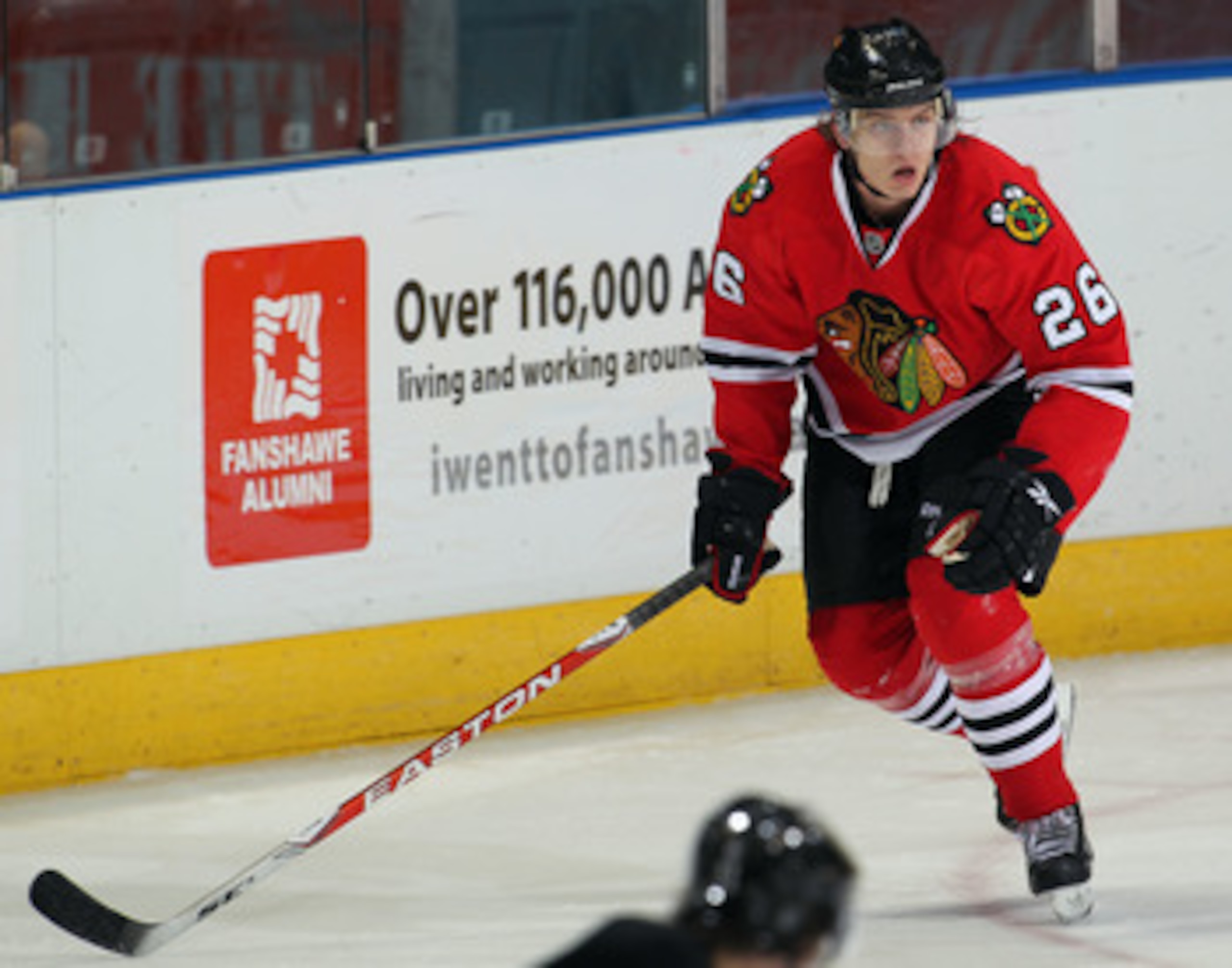 LONDON,ON - SEPTEMBER 14:  Igor Makarov #26 of the Chicago Black Hawks skates in a game against the Pittsburgh Penguins during the NHL Rookie Tournament on September 14,2010 at the John Labatt Centre in London,Ontario. The Hawks defeated the Penguins 9-5.