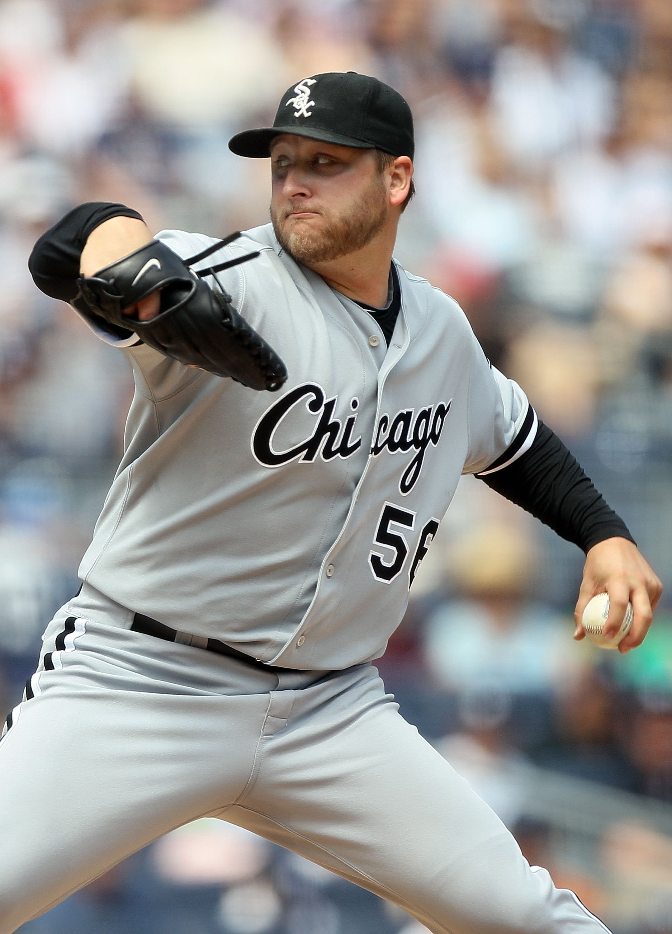 NEW YORK - MAY 02:  Mark Buehrle #56 of the Chicago White Sox delivers a pitch against the New York Yankees on May 2, 2010 at Yankee Stadium in the Bronx borough of New York City. The Yankees defeated the White Sox 12-3.  (Photo by Jim McIsaac/Getty Image