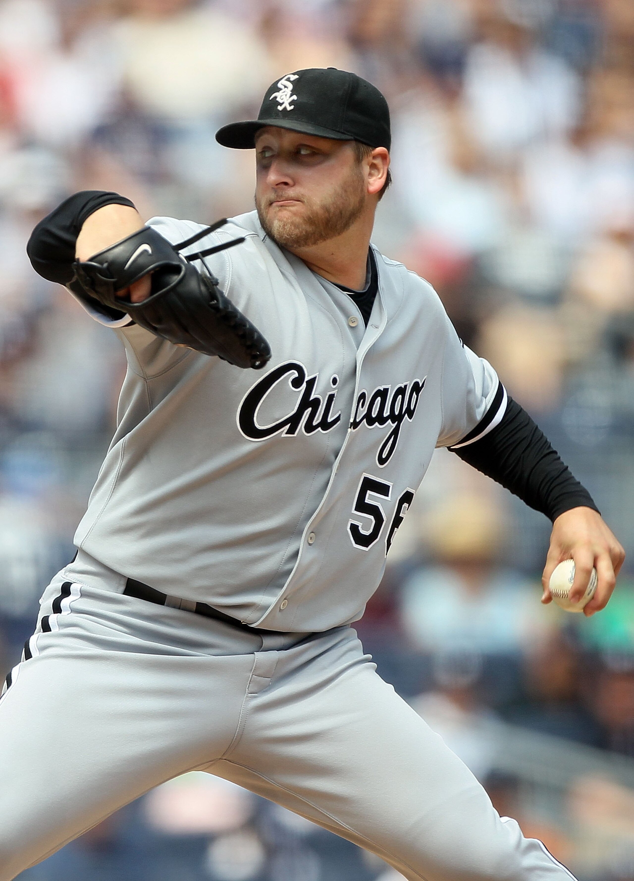 NEW YORK - MAY 02:  Mark Buehrle #56 of the Chicago White Sox delivers a pitch against the New York Yankees on May 2, 2010 at Yankee Stadium in the Bronx borough of New York City. The Yankees defeated the White Sox 12-3.  (Photo by Jim McIsaac/Getty Image