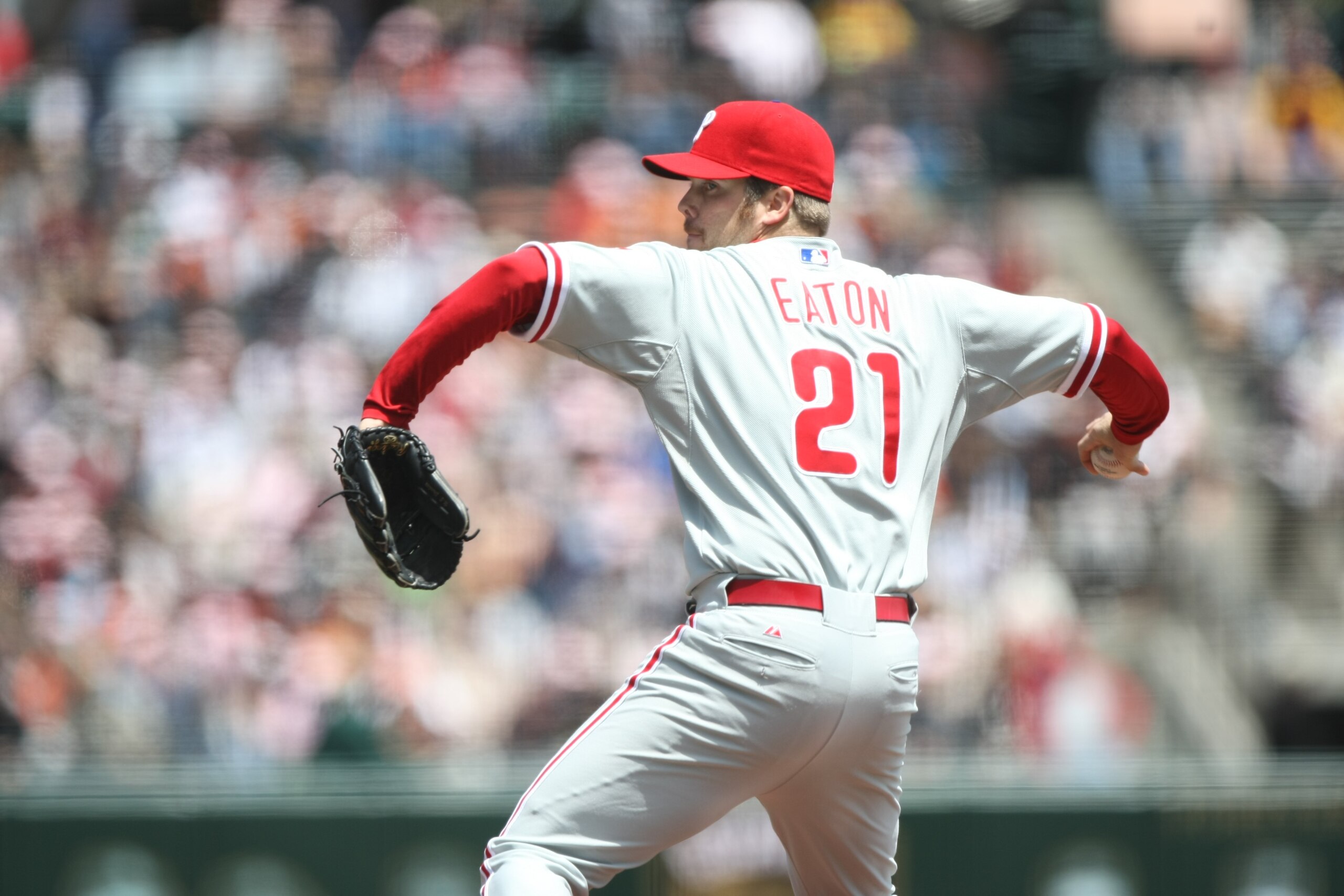SAN FRANCISCO - MAY 11: Adam Eaton #21 of the Philadelphia Phillies pitches against the San Francisco Giants on May 11, 2008 at AT&T Park in San Francisco, California. (Photo by Jed Jacobsohn/Getty Images) SAN FRANCISCO - MAY 11: Adam Eaton #21 of the Philadelphia Phillies pitches against the San Francisco Giants on May 11, 2008 at AT&T Park in San Francisco, California. (Photo by Jed Jacobsohn/Getty Images)