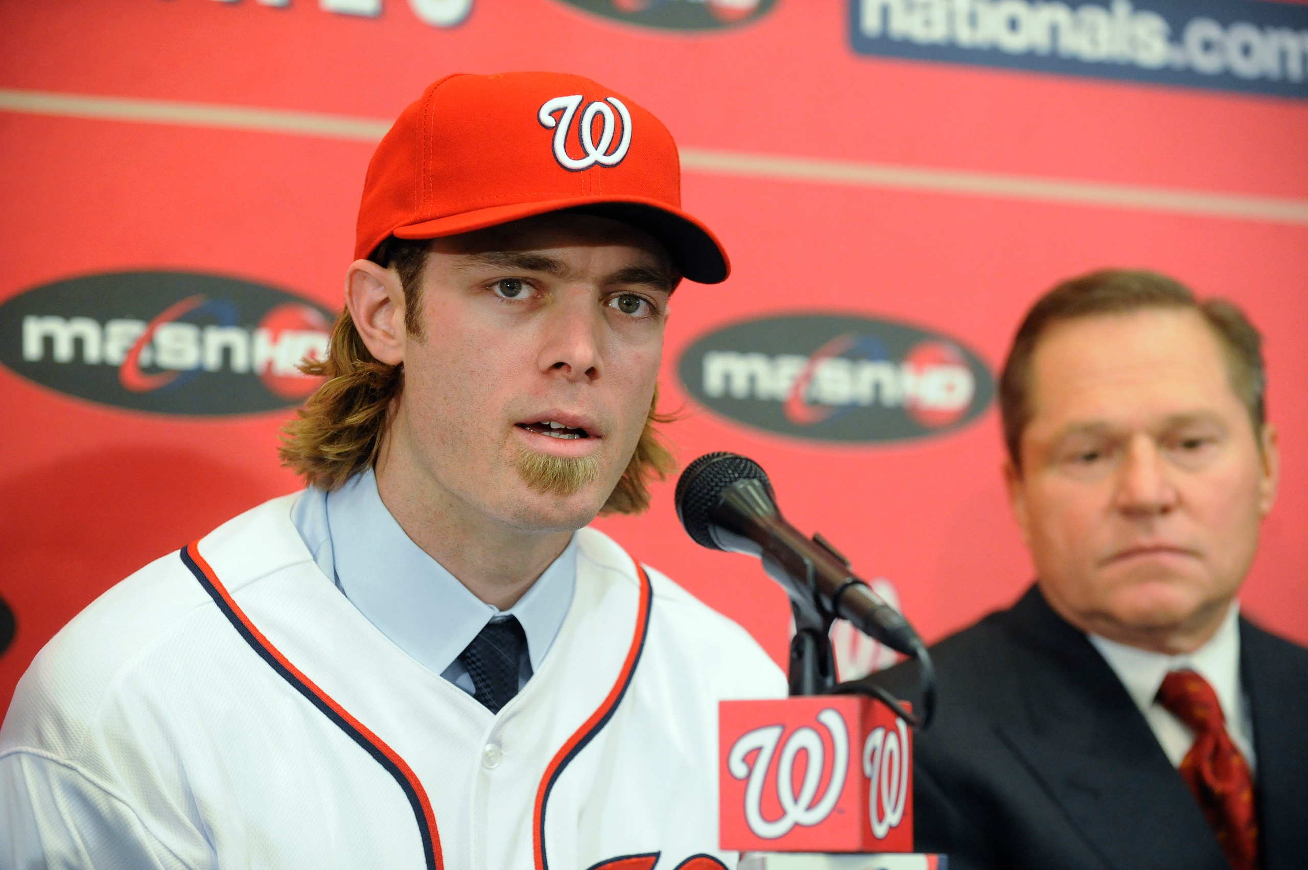 WASHINGTON, DC - DECEMBER 15: Jayson Werth #28 of the Washington Nationals speaks as he is introduced to the media on December 15, 2010 at Nationals Park in Washington, DC. (Photo by Mitchell Layton/Getty Images) WASHINGTON, DC - DECEMBER 15: Jayson Werth #28 of the Washington Nationals speaks as he is introduced to the media on December 15, 2010 at Nationals Park in Washington, DC. (Photo by Mitchell Layton/Getty Images)