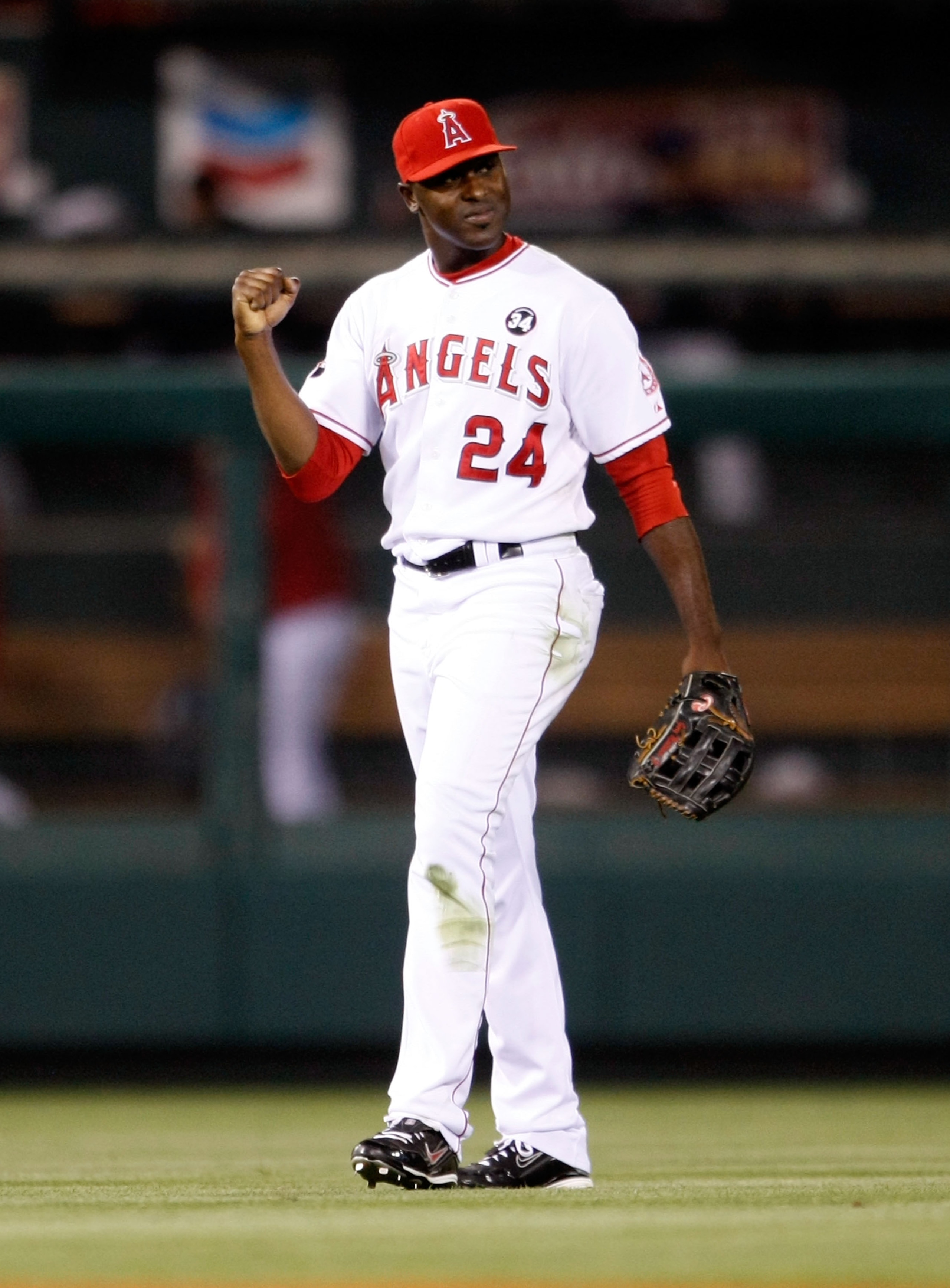 ANAHEIM, CA - AUGUST 10: Gary Matthews Jr. #24 of the Los Angeles Angels of Anaheim celebrates following the Angels' 8-7 victory over the Tampa Bay Rays at Angel Stadium on August 10, 2009 in Anaheim, California. (Photo by Jeff Gross/Getty Images) ANAHEIM, CA - AUGUST 10: Gary Matthews Jr. #24 of the Los Angeles Angels of Anaheim celebrates following the Angels' 8-7 victory over the Tampa Bay Rays at Angel Stadium on August 10, 2009 in Anaheim, California. (Photo by Jeff Gross/Getty Images)