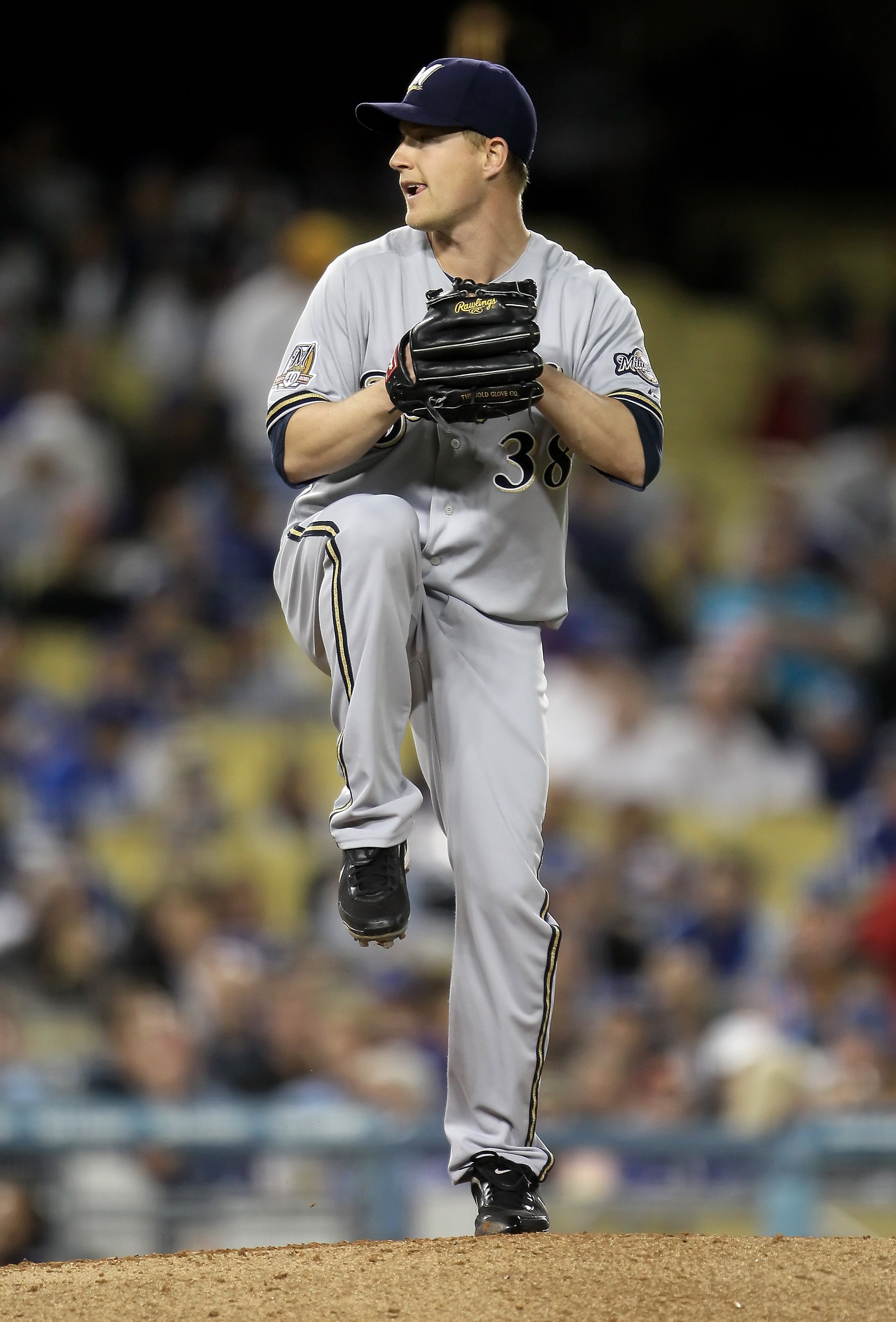 LOS ANGELES, CA - MAY 04:  Chris Narveson #38 of the Milwaukee Brewers pitches against the Los Angeles Dodgers at Dodger Stadium on May 4, 2010 in Los Angeles, California.  (Photo by Jeff Gross/Getty Images)