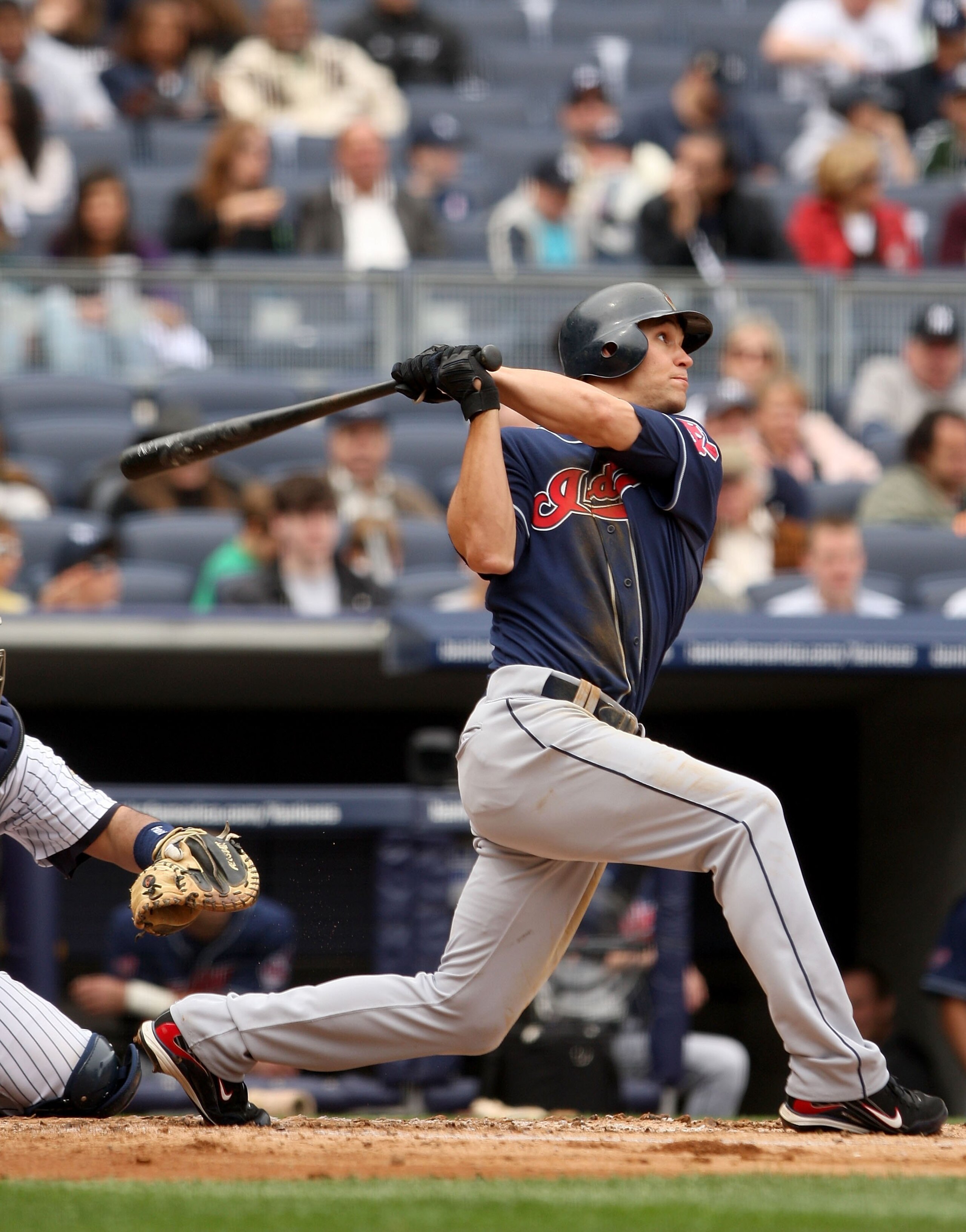 NEW YORK - APRIL 19:  Grady Sizemore #24 of the Cleveland Indians bats against the New York Yankees at Yankee Stadium on April 19, 2009 in the Bronx borough of New York City.  (Photo by Ezra Shaw/Getty Images)