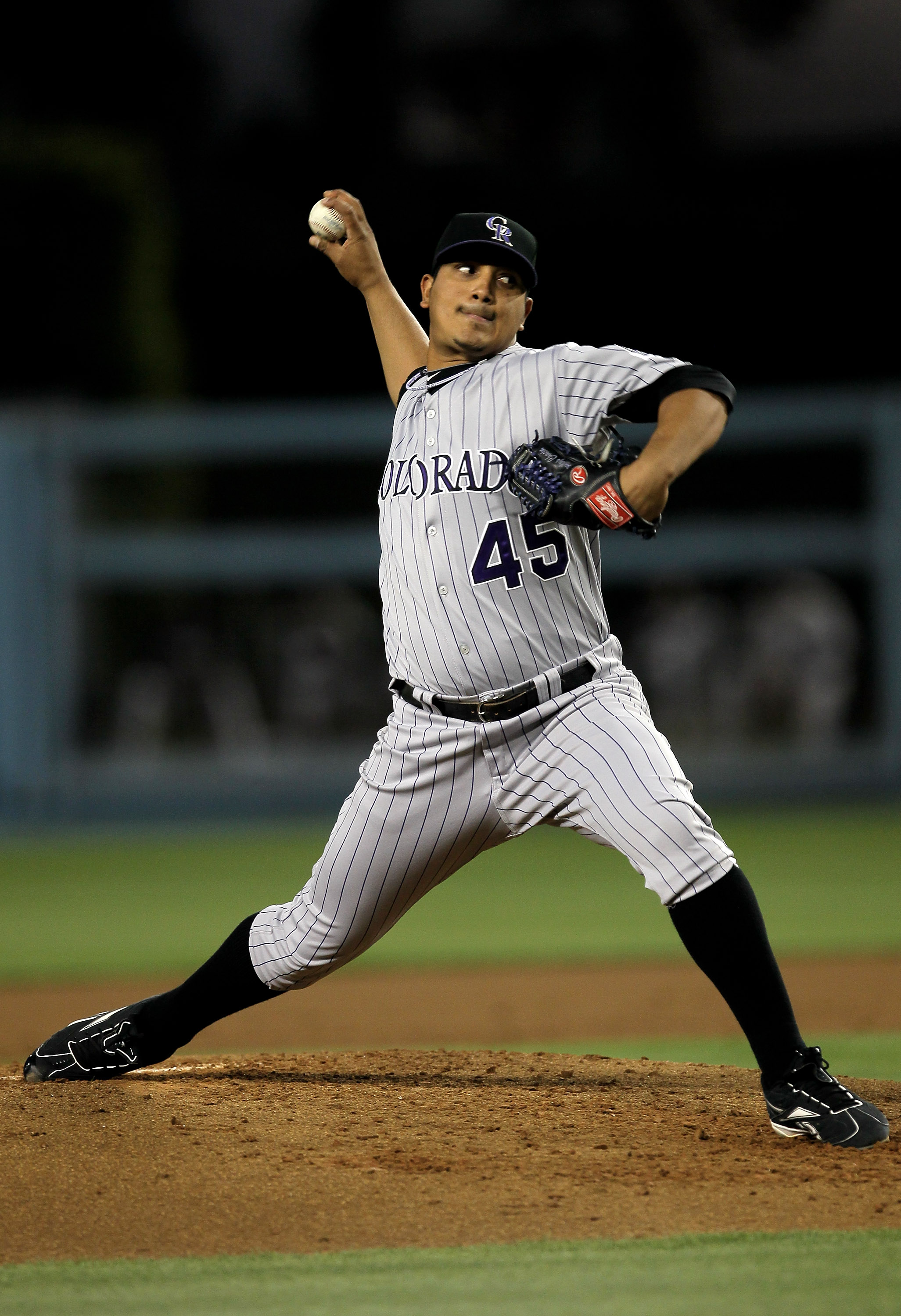 LOS ANGELES - MAY 8:  Jhoulys Chacin #45 of the Colorado Rockies throws a pitch against the Los Angeles Dodgers on May 8, 2010 at Dodger Stadium in Los Angeles, California.  (Photo by Stephen Dunn/Getty Images)