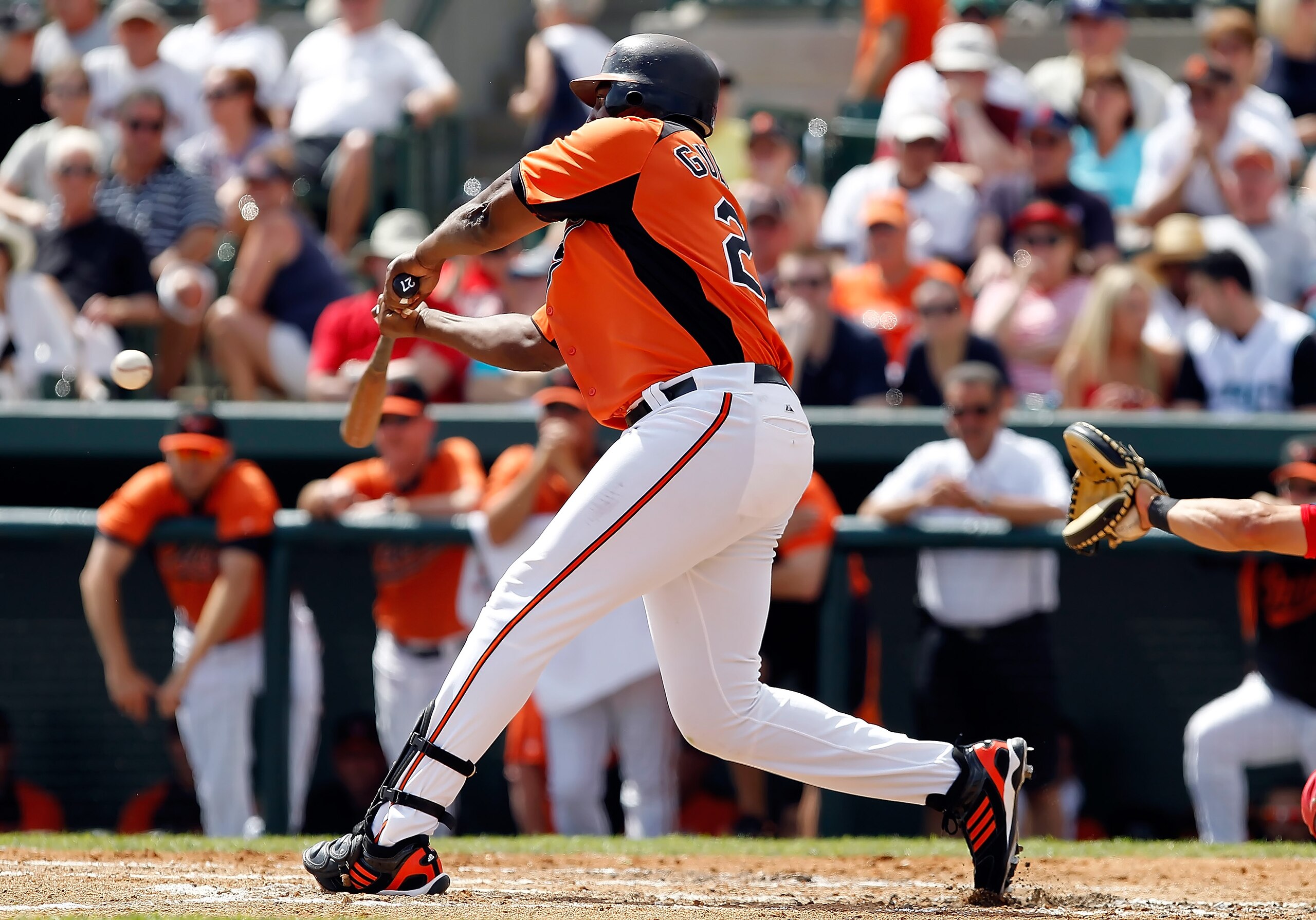 SARASOTA, FL - MARCH 05:  Designated hitter Vladimir Guerrero #27 of the Baltimore Orioles bats against the Boston Red Sox during a Grapefruit League Spring Training Game at Ed Smith Stadium on March 5, 2011 in Sarasota, Florida.  (Photo by J. Meric/Getty