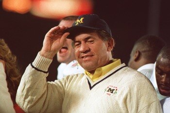 1 JAN 1993:  MICHIGAN HEAD COACH GARY MOELLER CELEBRATES AFTER HIS WOLVERINES DEFEATED THE WASHINGTON HUSKIES 38-31 IN THE ROSE BOWL IN PASADENA, CALIFORNIA. Mandatory Credit: Mike Powell/ALLSPORT
