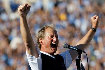 PASADENA, CA - OCTOBER 18:  Head coach Rick Neuheisel of the UCLA Bruins celebrates following their victory over the Stanford Cardinal on October 18, 2008 at the Rose Bowl in Pasadena, California.  UCLA won 23-20.  (Photo by Harry How/Getty Images)