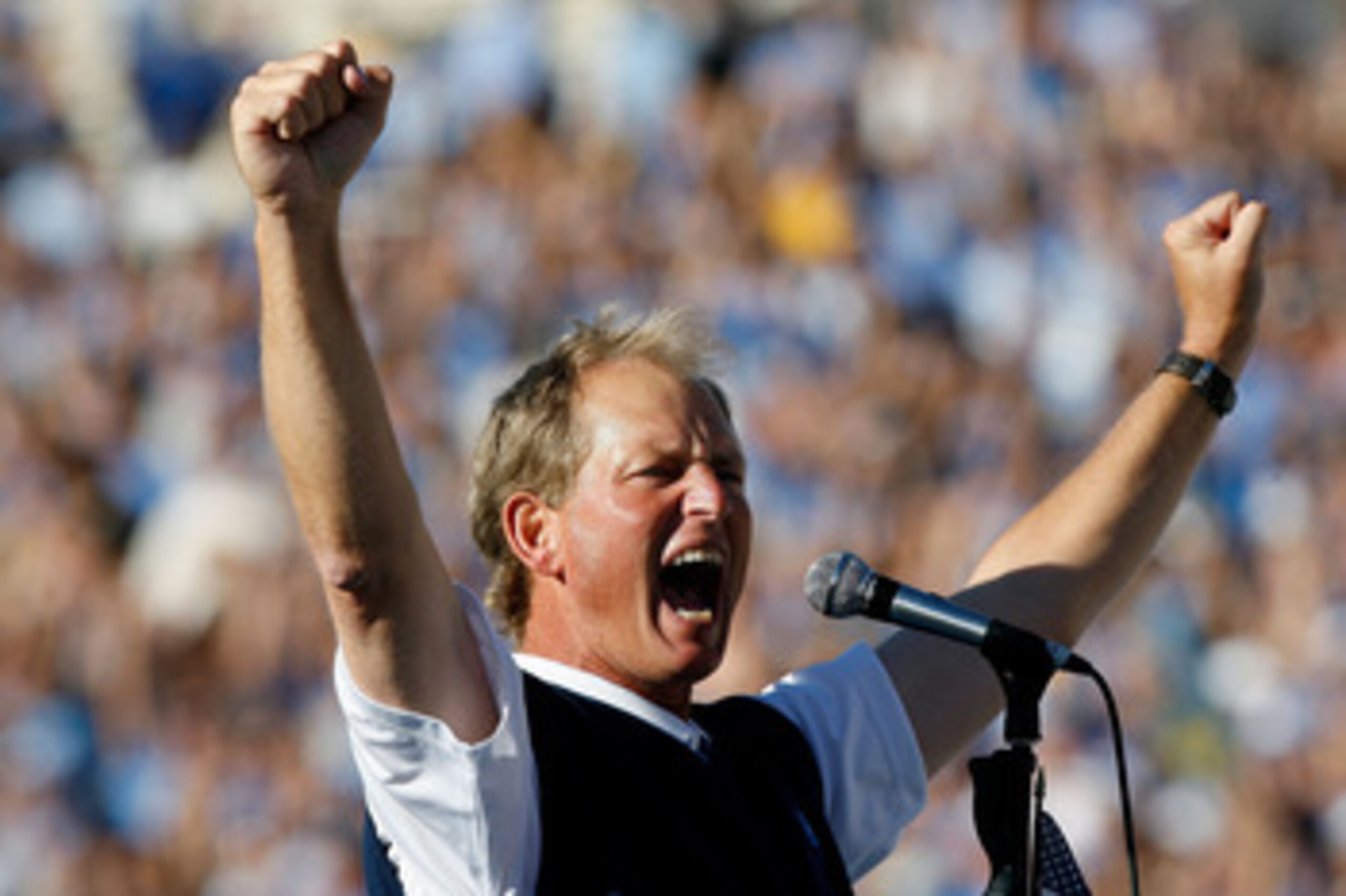 PASADENA, CA - OCTOBER 18:  Head coach Rick Neuheisel of the UCLA Bruins celebrates following their victory over the Stanford Cardinal on October 18, 2008 at the Rose Bowl in Pasadena, California.  UCLA won 23-20.  (Photo by Harry How/Getty Images)