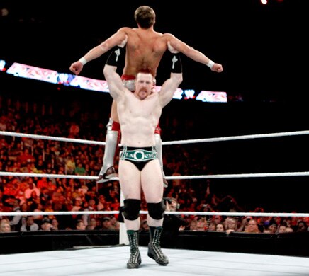 Sheamus looks to hit the High Cross on a dazed Daniel Bryan.