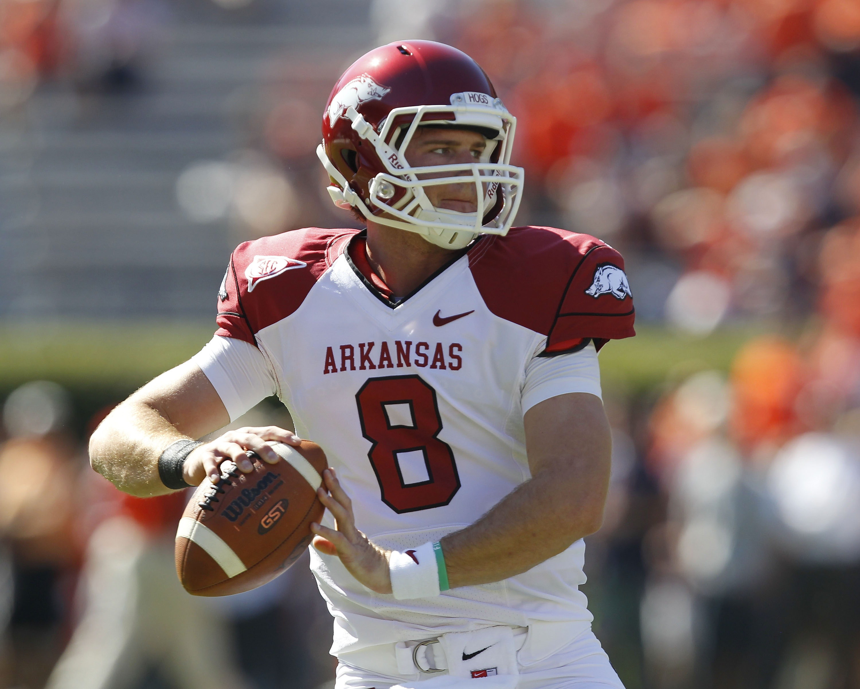 AUBURN, AL - OCTOBER 16:  Quarterback Tyler Wilson #8 of the Arkansas Razorbacks drops back and looks downfield before the game against the Auburn Tigers at Jordan-Hare Stadium on October 16, 2010 in Auburn, Alabama.  The Tigers beat the Razorbacks 65-43.